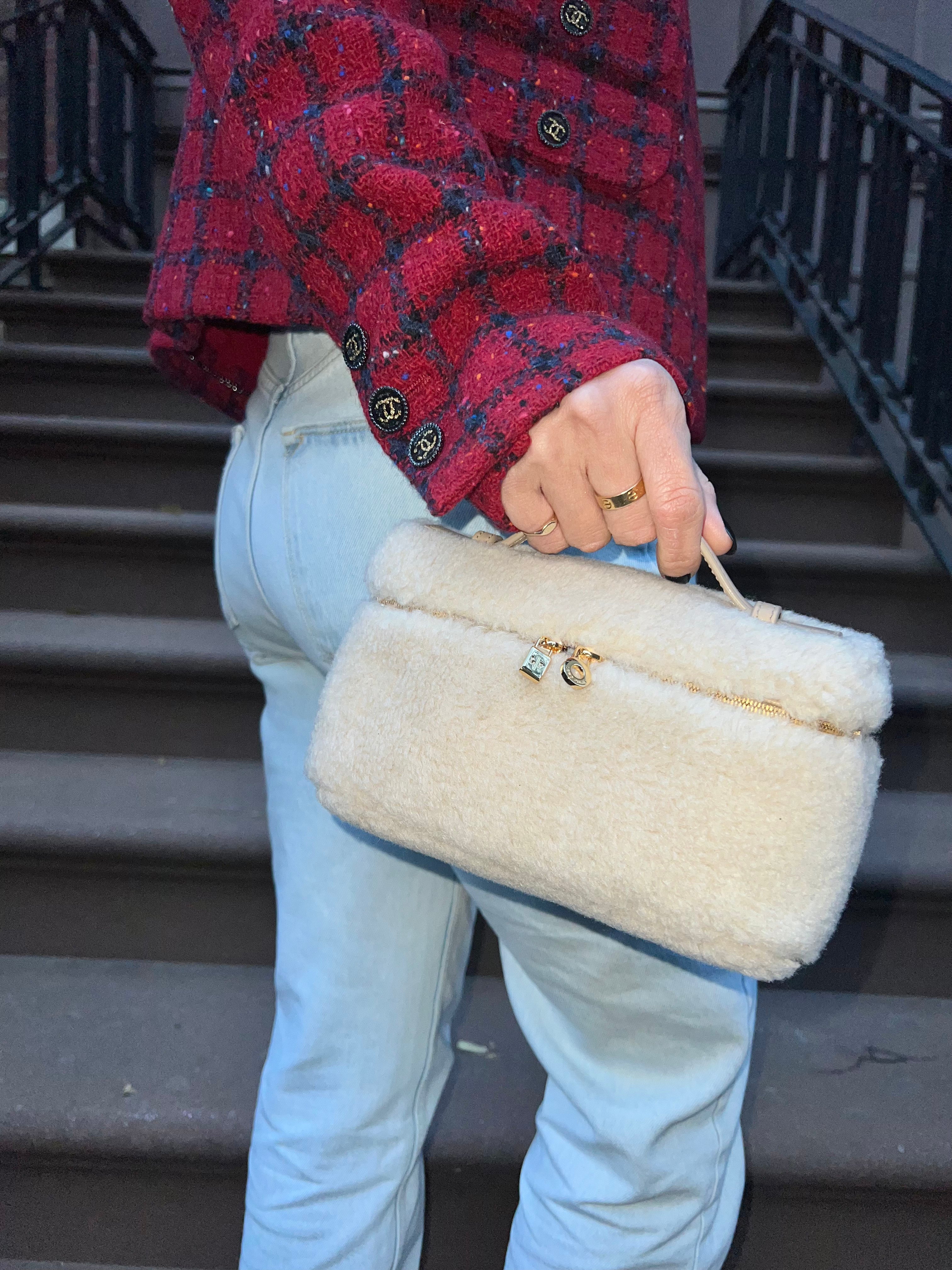 Loro Piana Ivory Cashfur L19 Pouch with Gold Hardware and Detachable Leather Strap