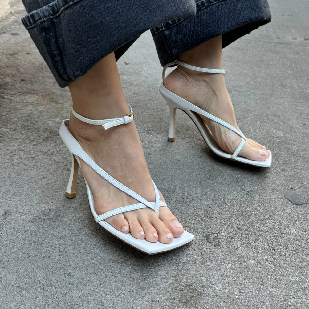 Bottega Veneta White Nappa Leather Stretch Strap Sandals Heels - Size 37.5