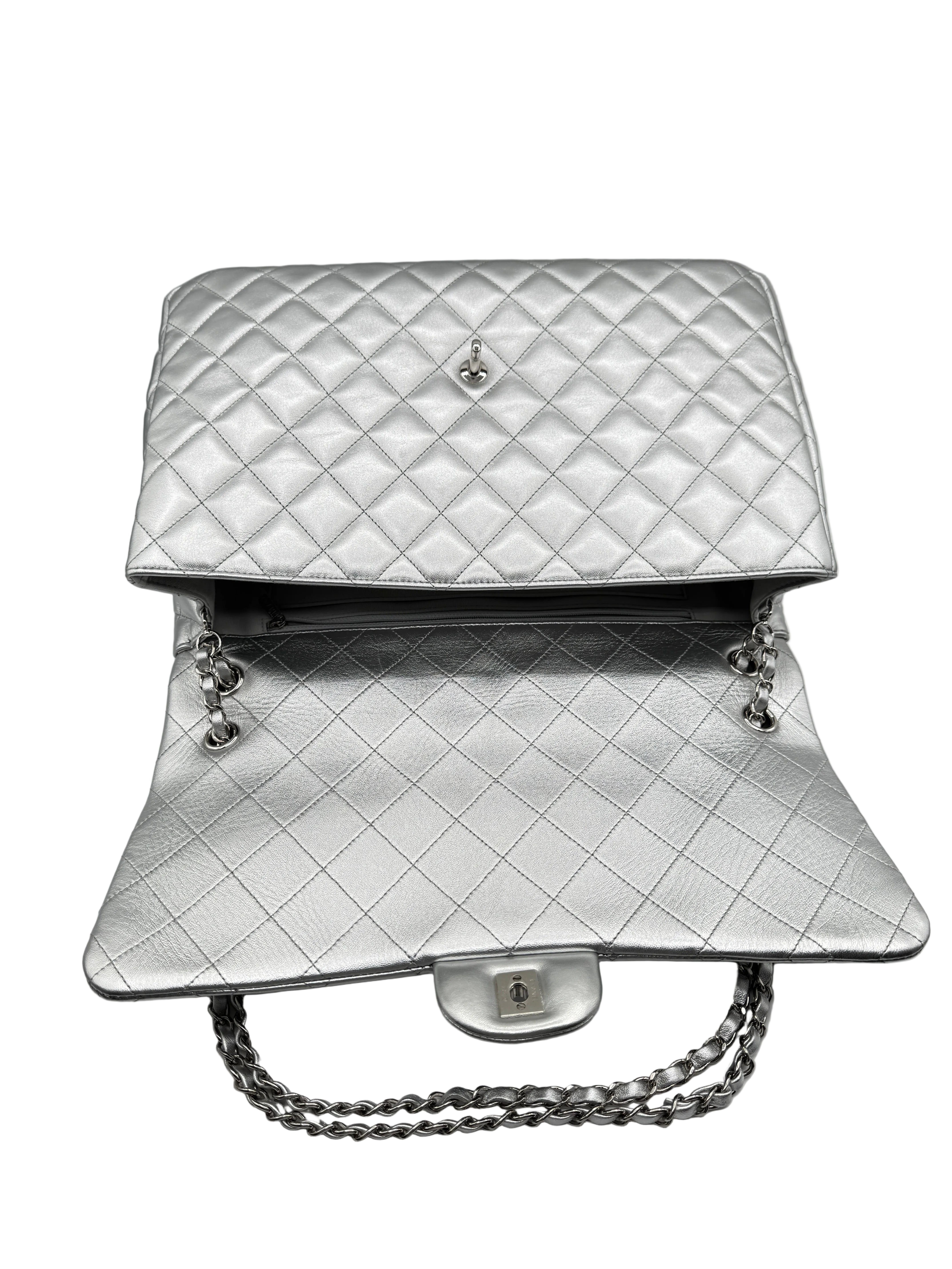 CHANEL Silver Metallic XXL Lambskin Flapbag