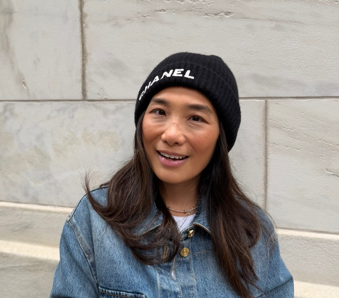 Chanel Black Beanie with White Chanel Sequins Logo