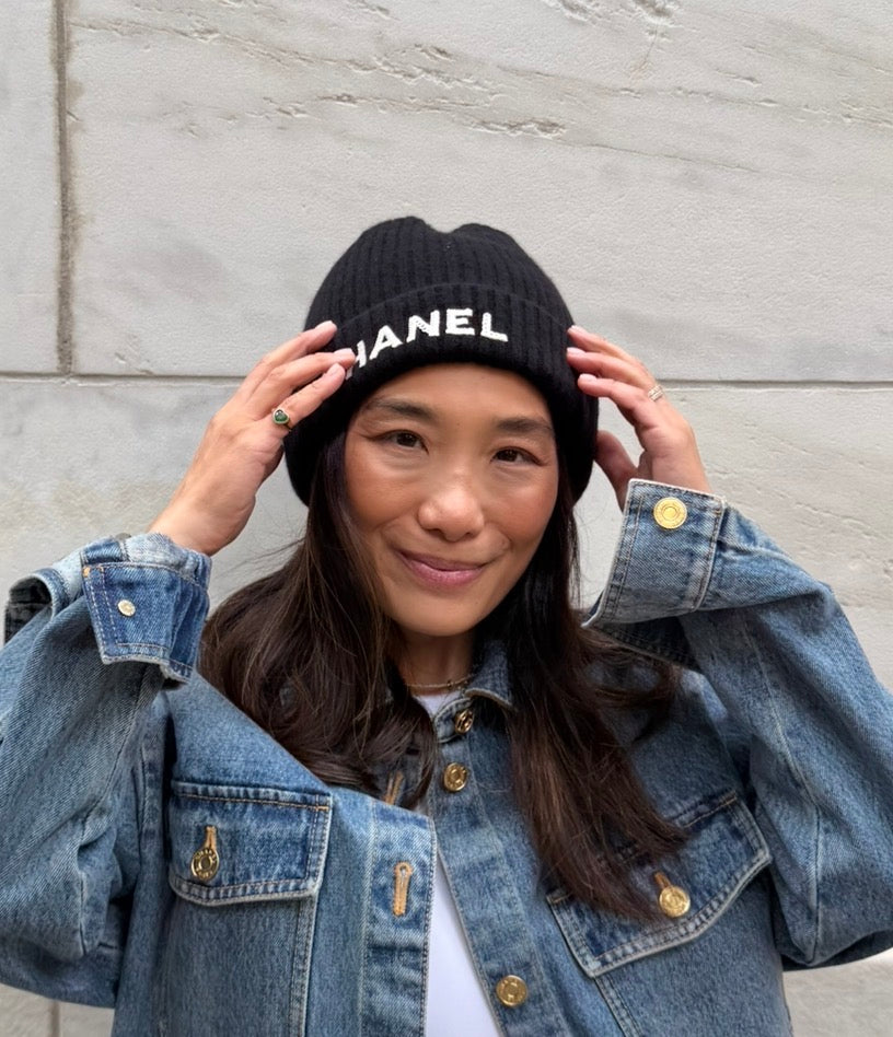 Chanel Black Beanie with White Chanel Sequins Logo