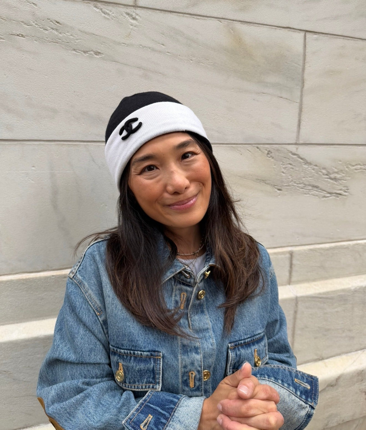 Chanel Black with White Beanie Black CC Logo