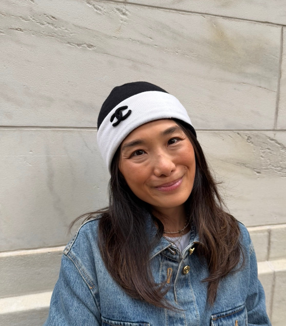 Chanel Black with White Beanie Black CC Logo