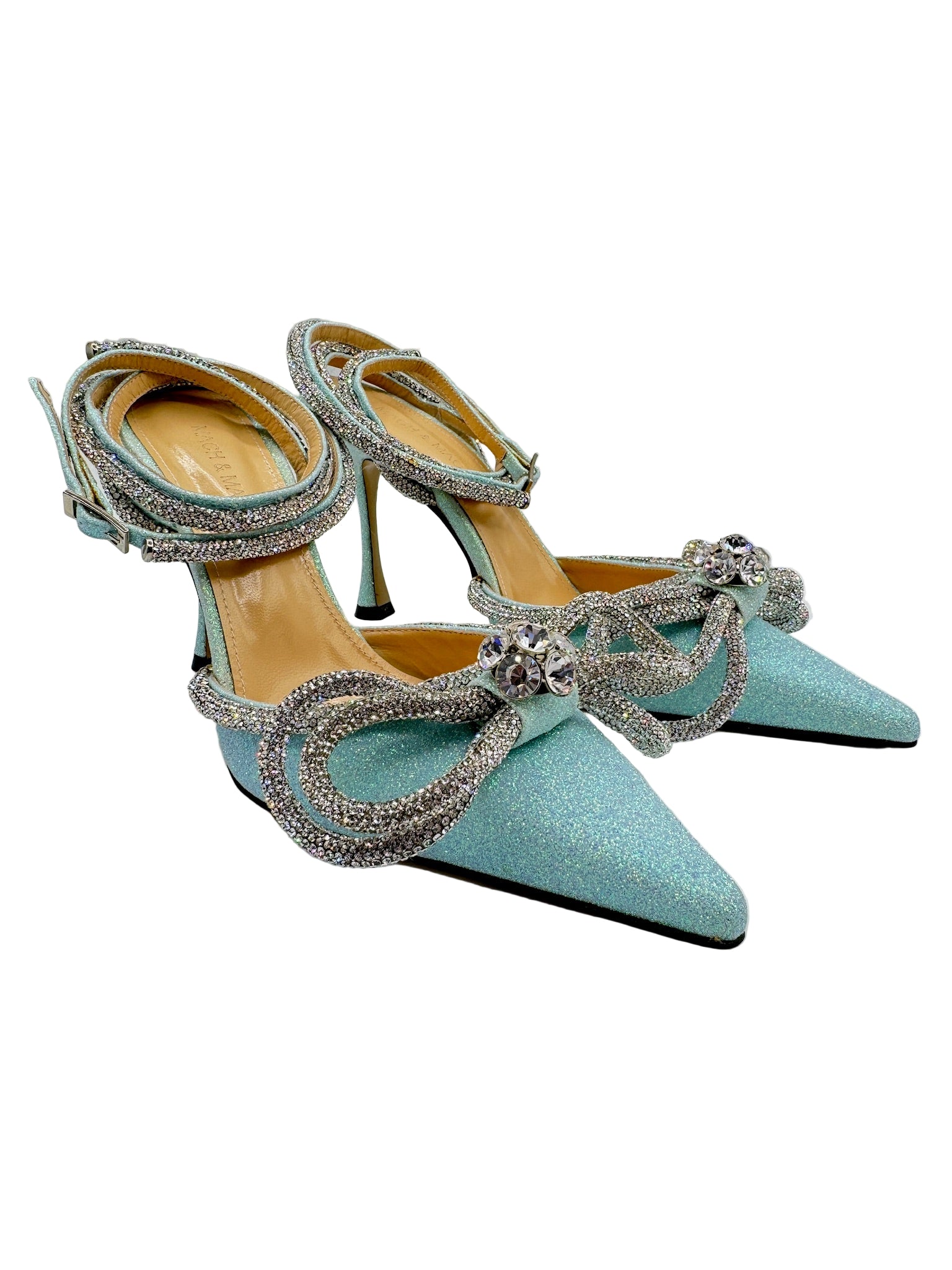 Mach and Mach Baby Blue Glitter Bow Heels