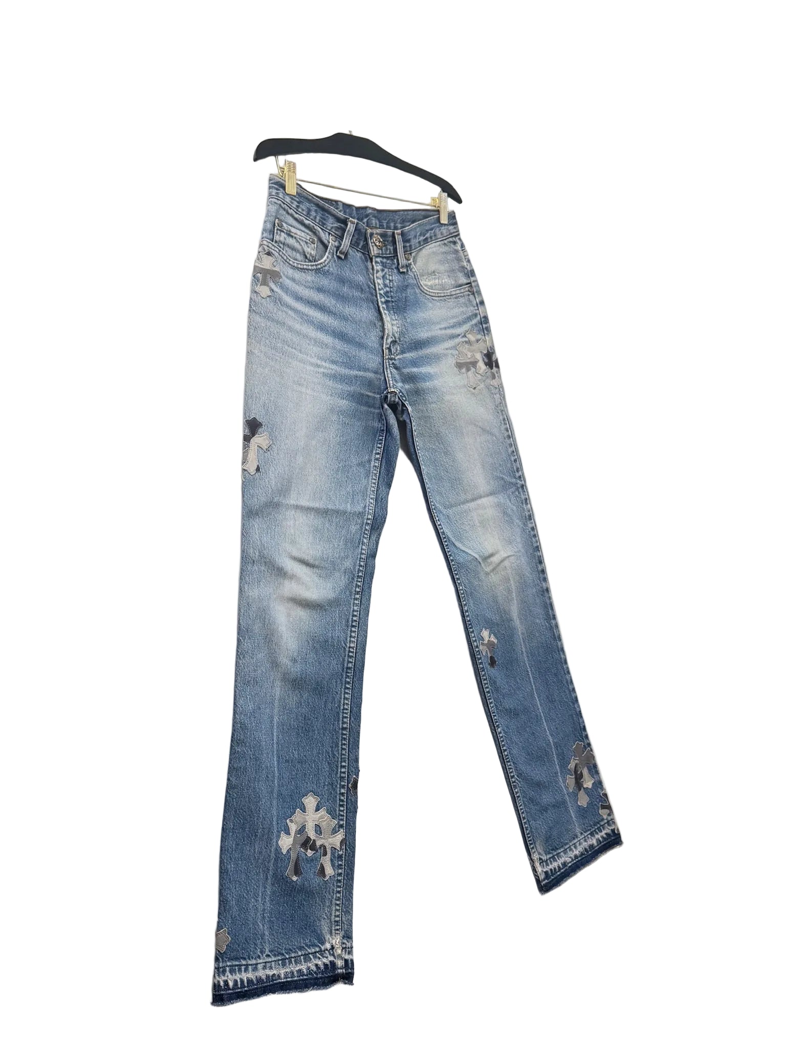 Chrome Hearts x Levi's Light Blue Jeans Gray White Camo Print Cross Leather Patch