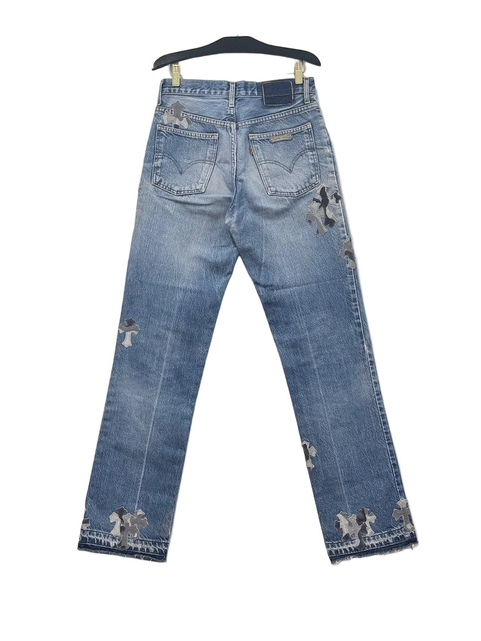 Chrome Hearts x Levi's Light Blue Jeans Gray White Camo Print Cross Leather Patch