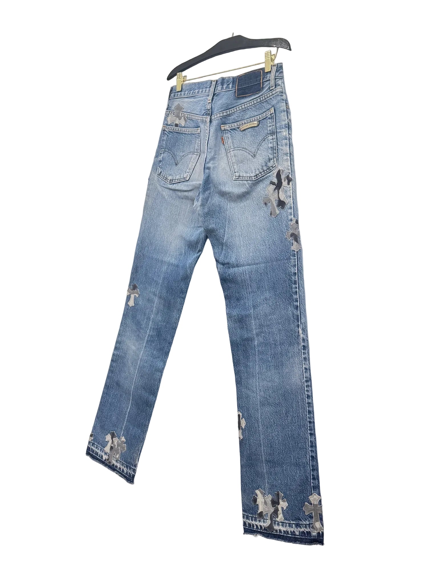 Chrome Hearts x Levi's Light Blue Jeans Gray White Camo Print Cross Leather Patch