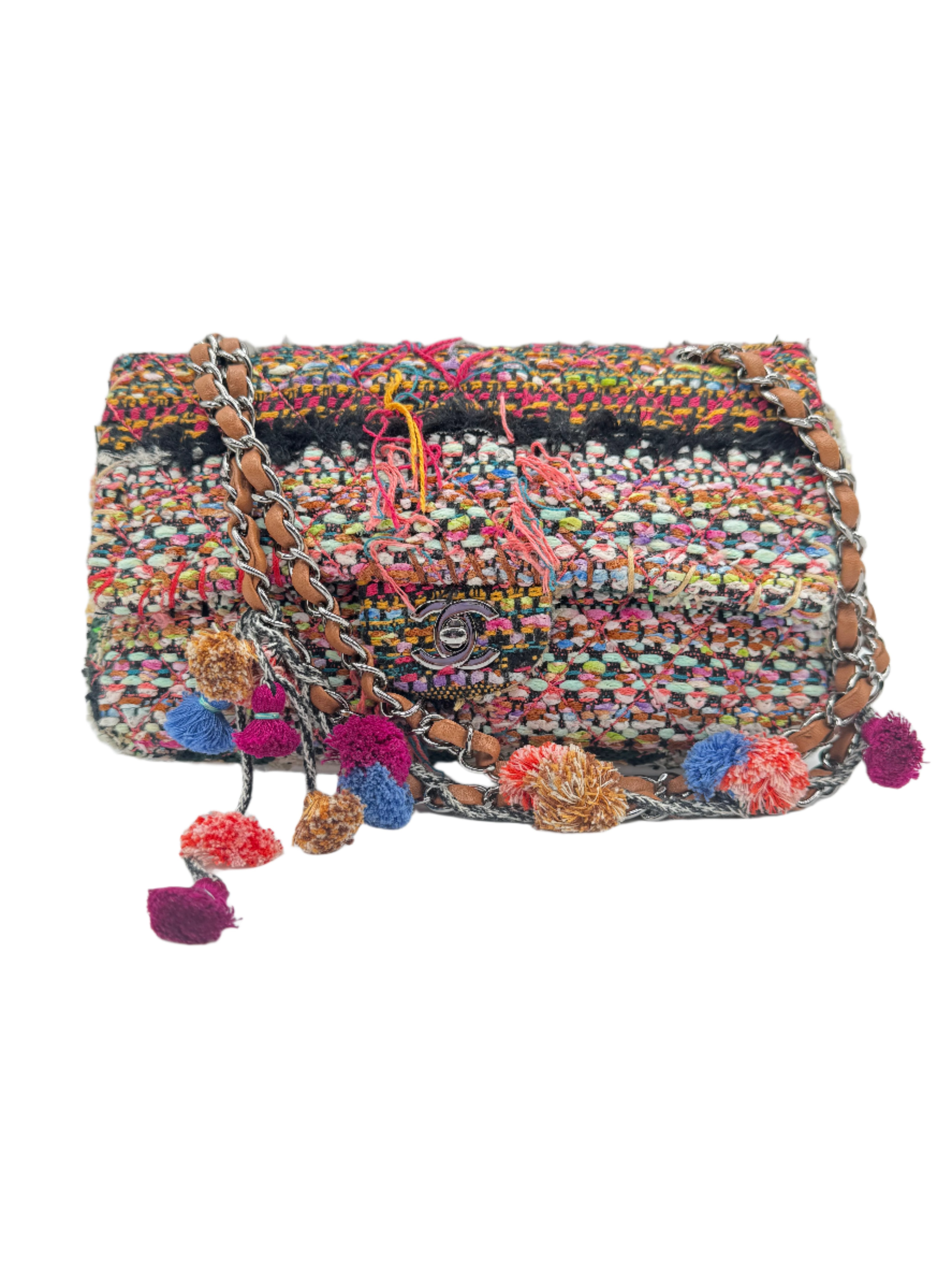 Chanel Multicolor Tweed Pom Pom Medium FlapBag