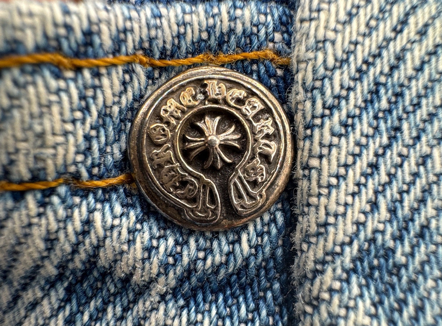 Chrome Hearts x Levi's Light Blue Jeans Gray White Camo Print Cross Leather Patch
