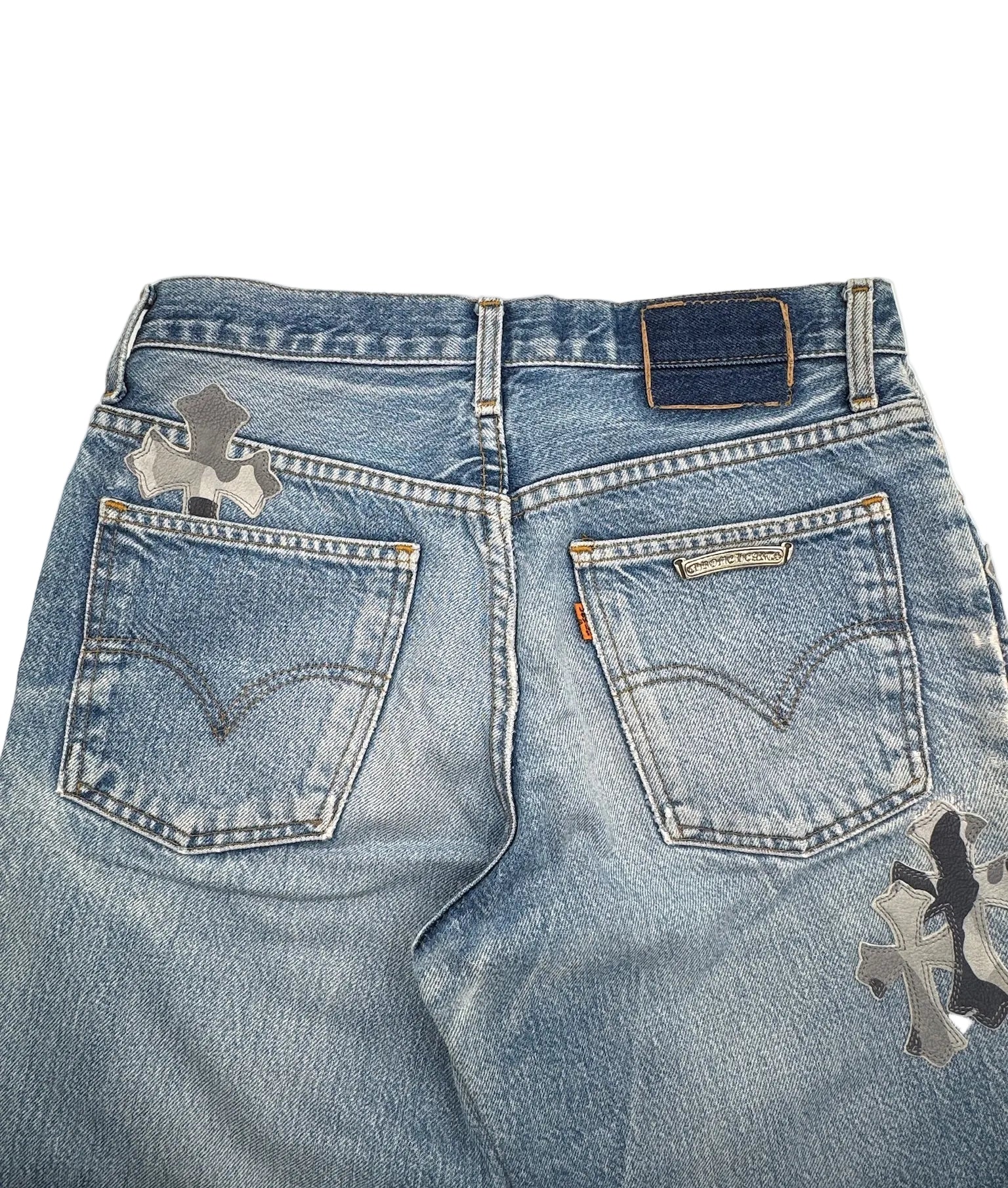 Chrome Hearts x Levi's Light Blue Jeans Gray White Camo Print Cross Leather Patch