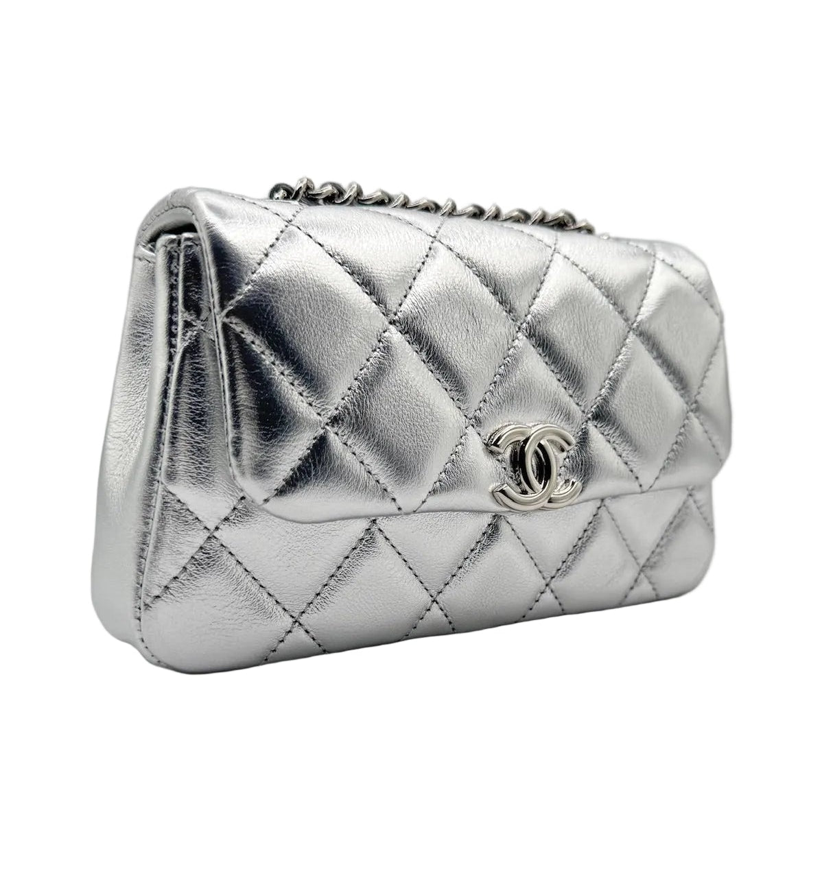 CHANEL Silver Metallic Micro Flapbag