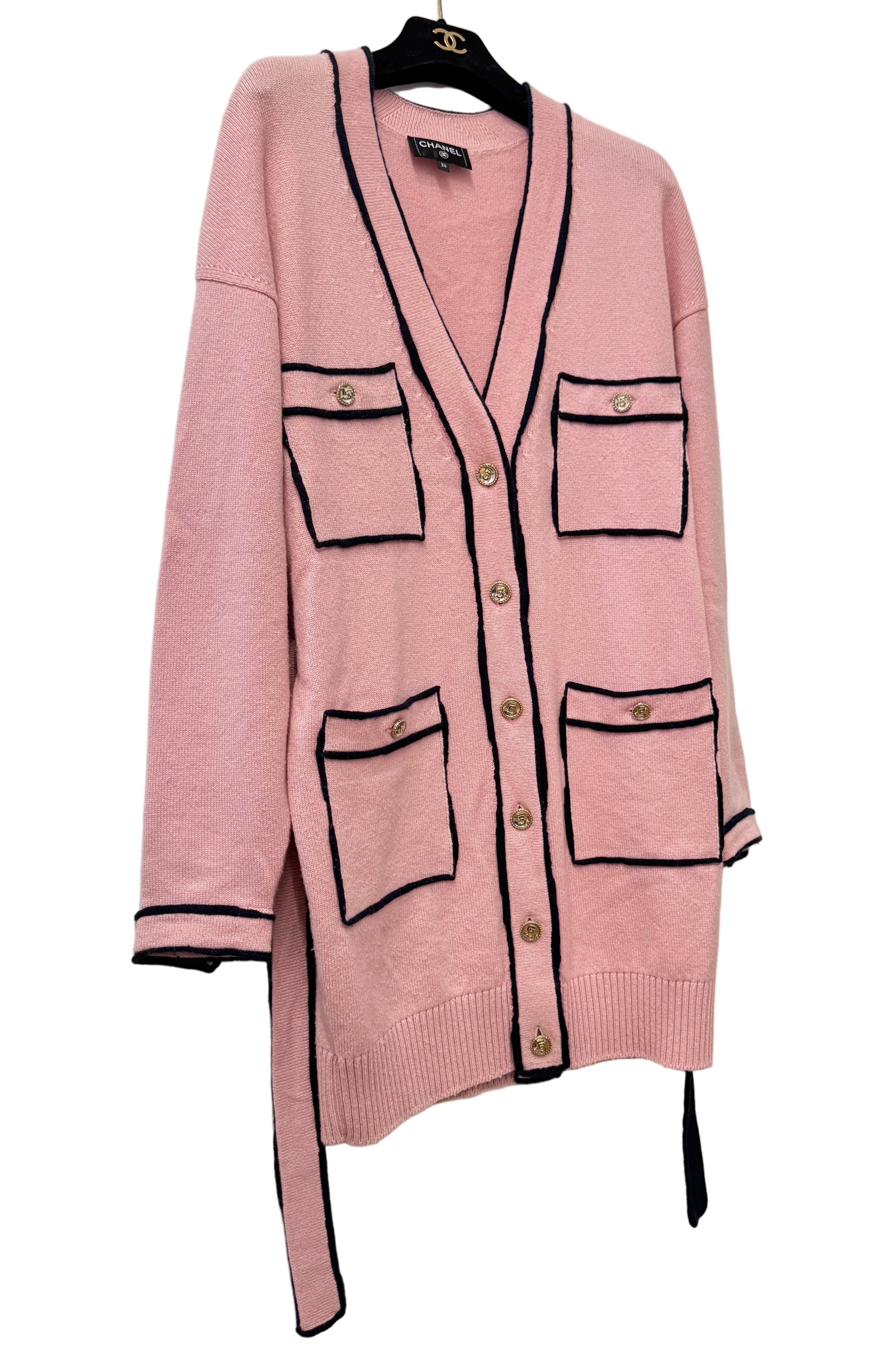 Chanel Cashmere Baby Pink with Navy Blue Belted Cardigan