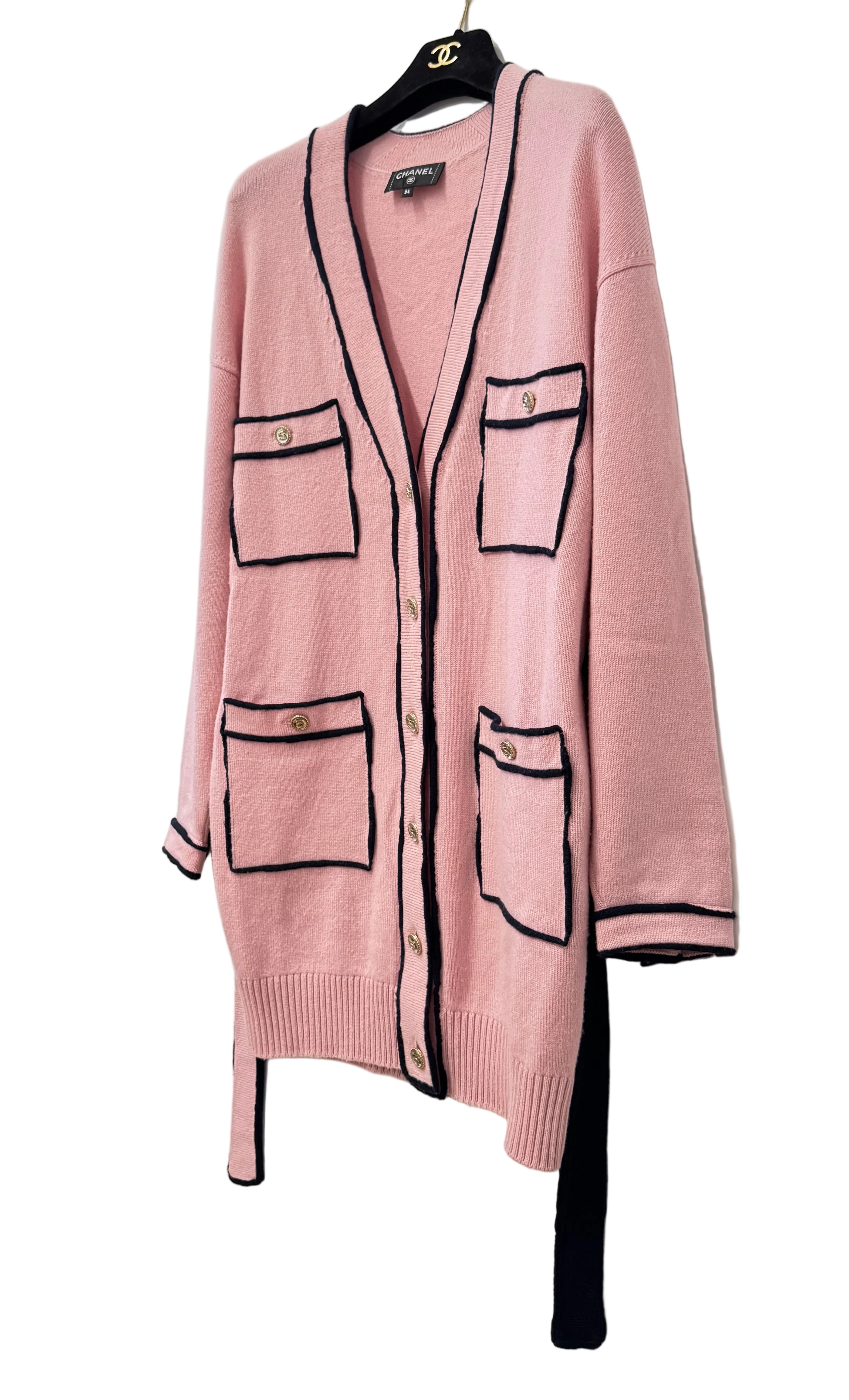 Chanel Cashmere Baby Pink with Navy Blue Belted Cardigan