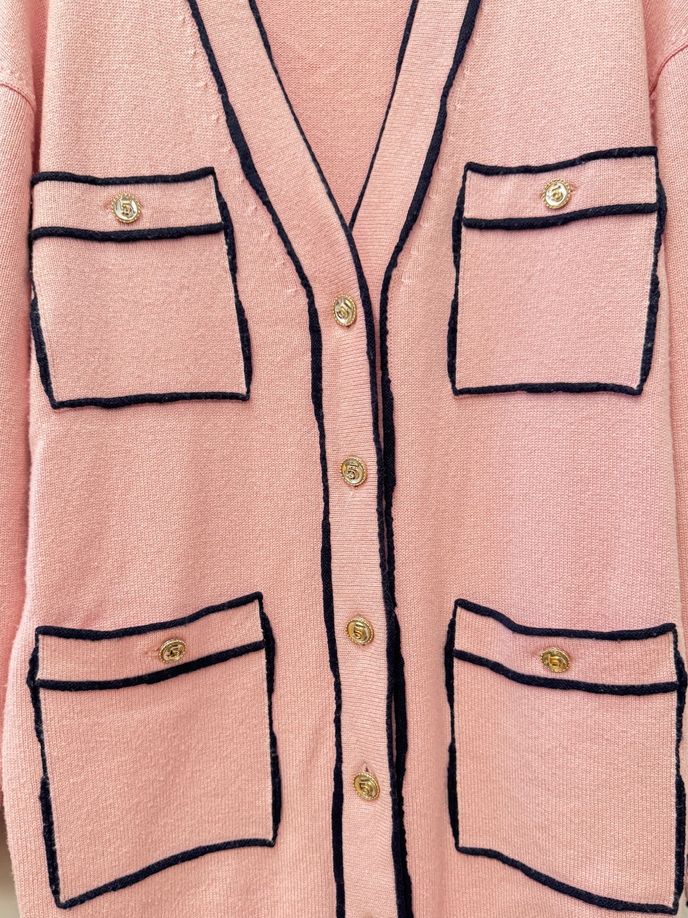 Chanel Cashmere Baby Pink with Navy Blue Belted Cardigan