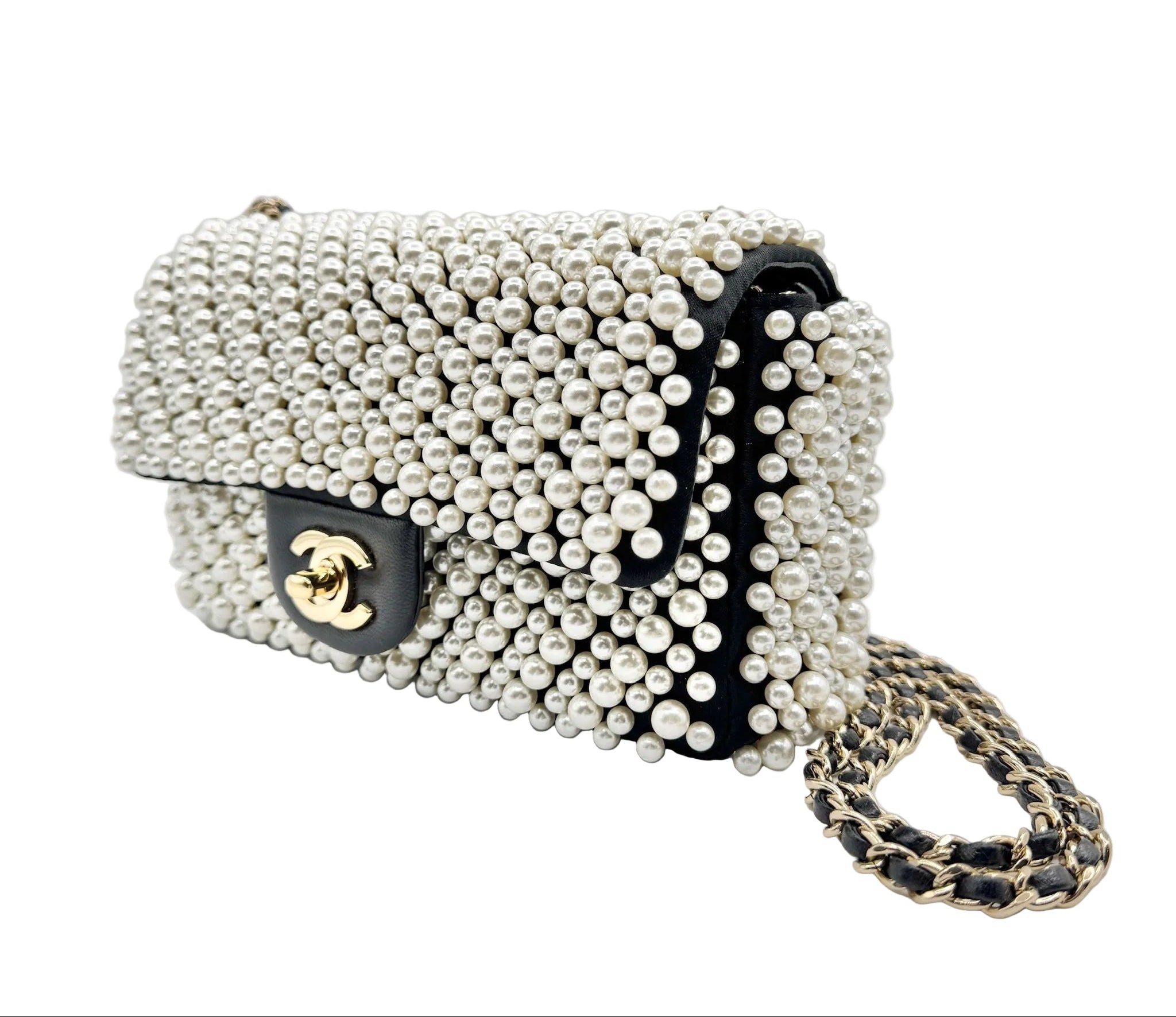 Chanel 2019 SS Black with White Pearls Mini Classic Flapbag