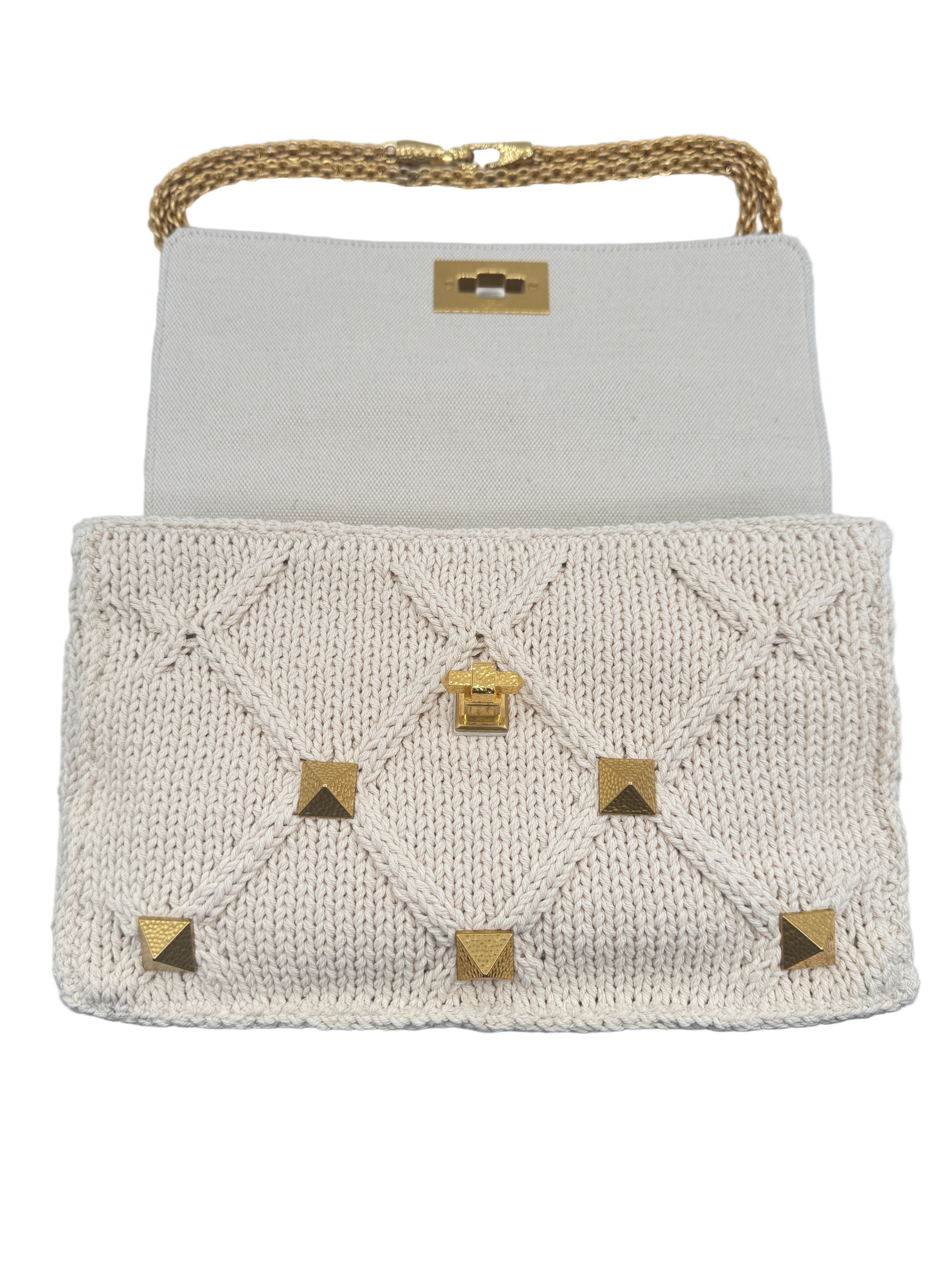 Valentino White Ivory Knit Rockstud Bag