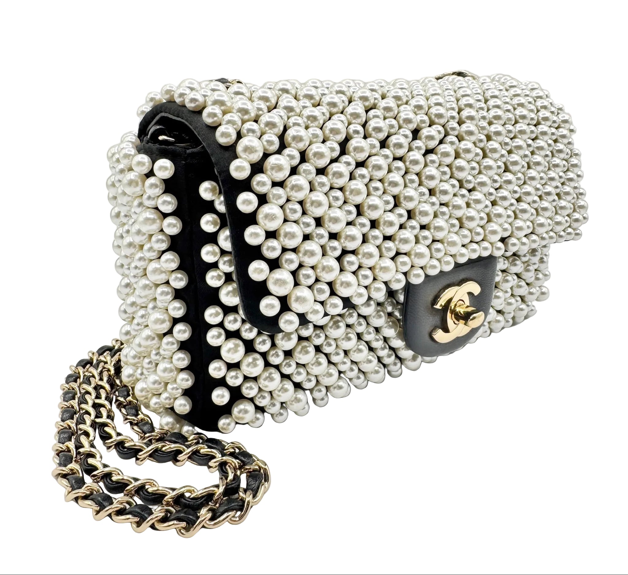 Chanel 2019 SS Black with White Pearls Mini Classic Flapbag