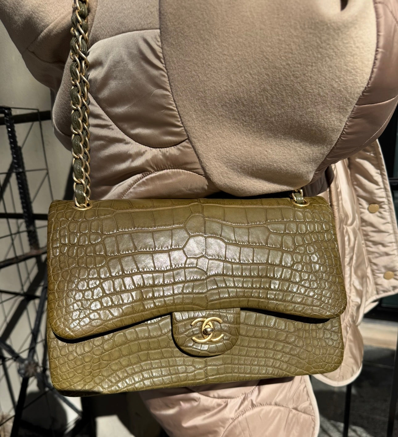 Chanel Matte Khaki Green Alligator Classic Double Flapbag