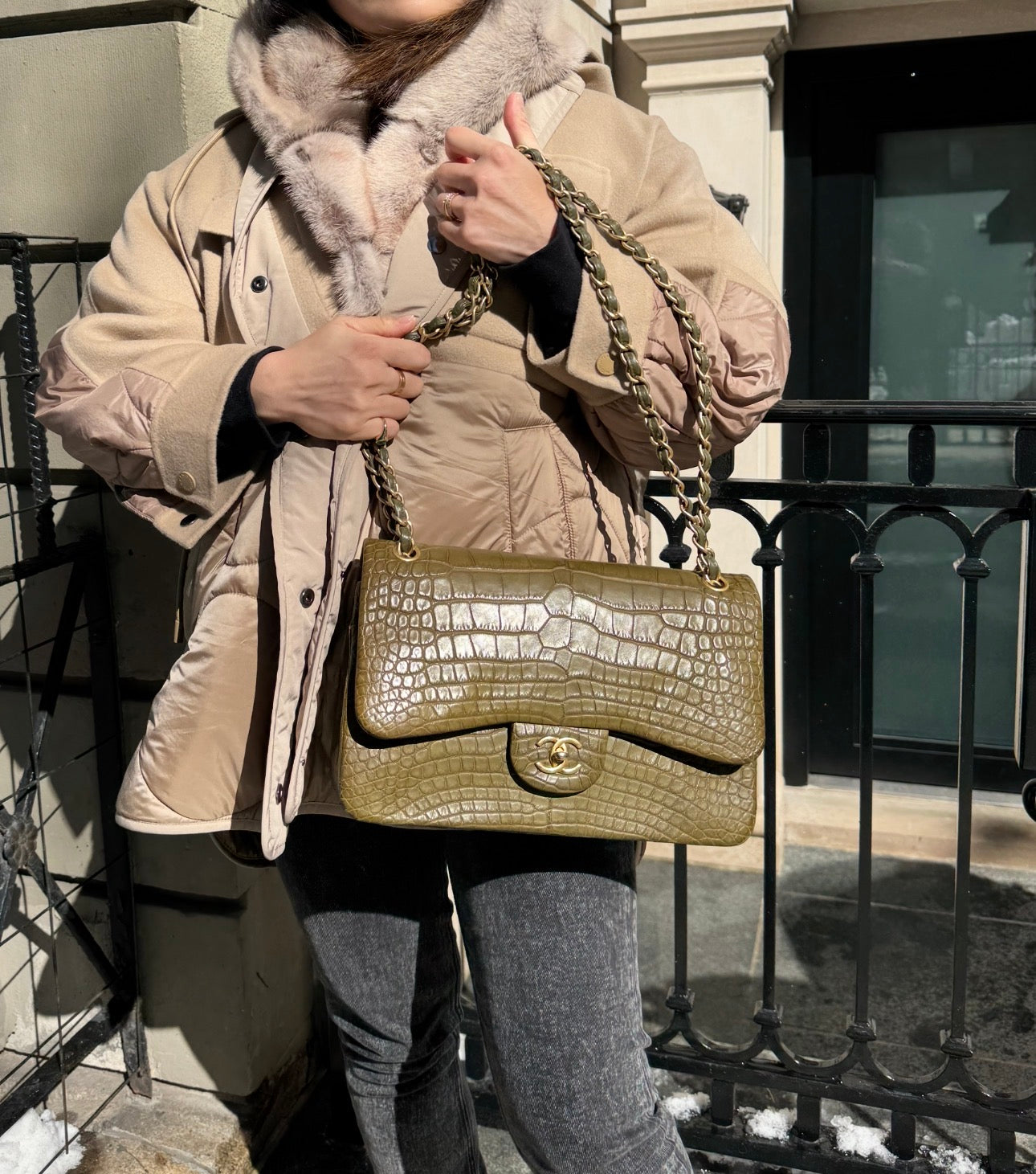 Chanel Matte Khaki Green Alligator Classic Double Flapbag