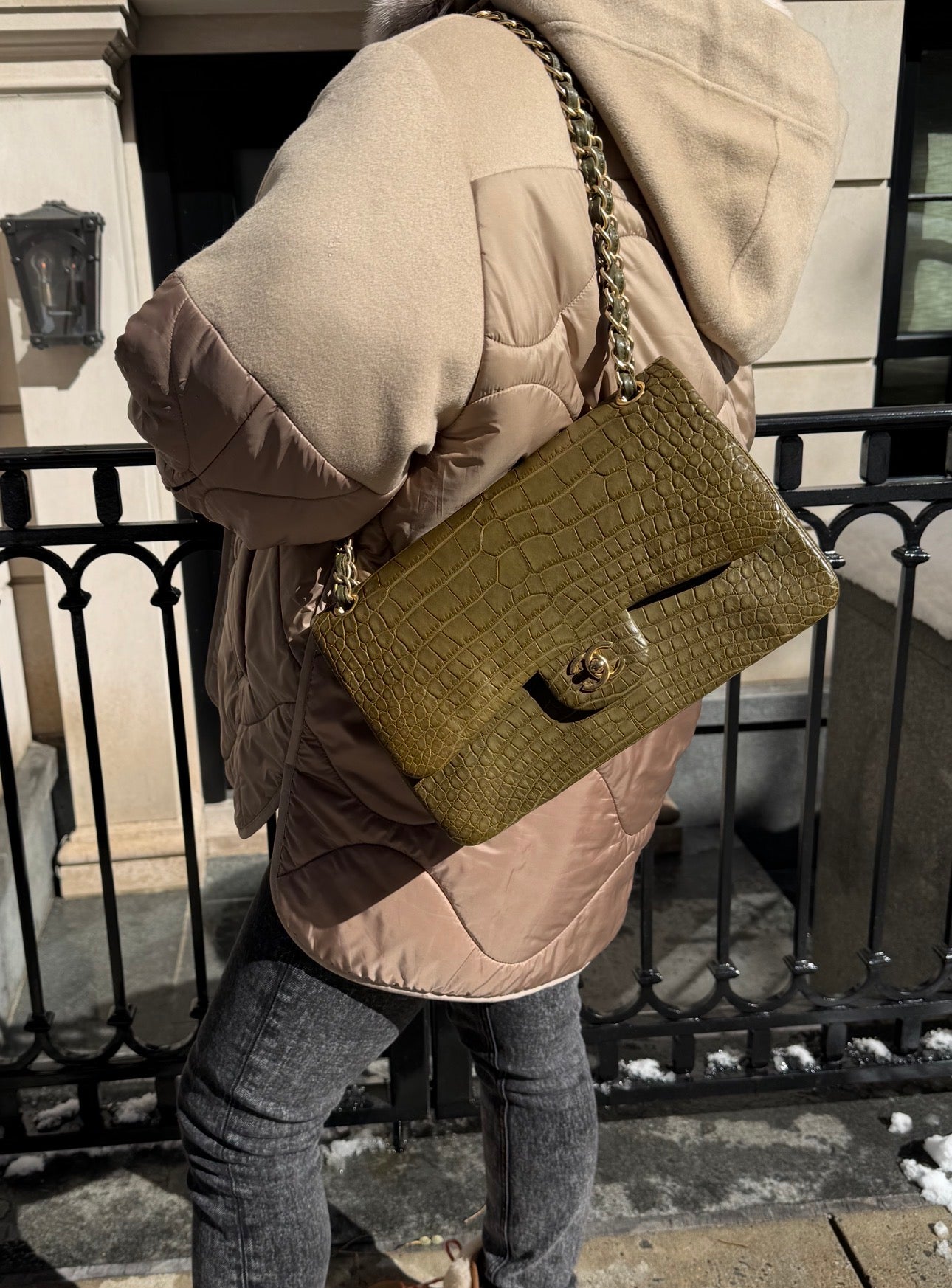 Chanel Matte Khaki Green Alligator Classic Double Flapbag