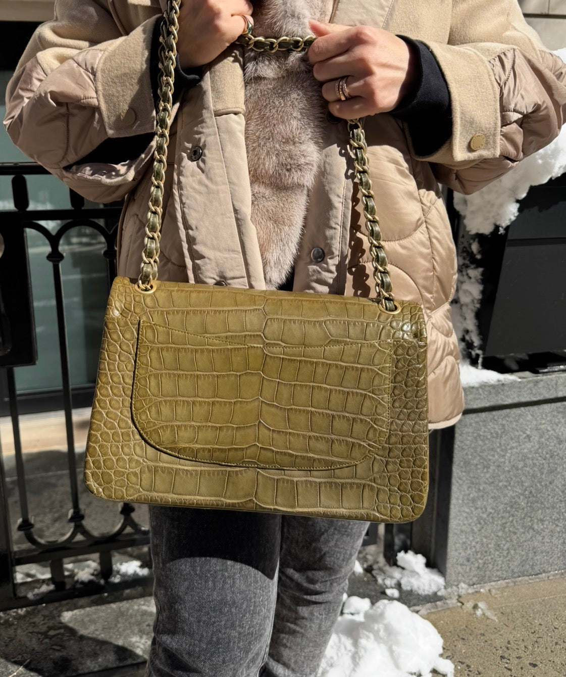 Chanel Matte Khaki Green Alligator Classic Double Flapbag