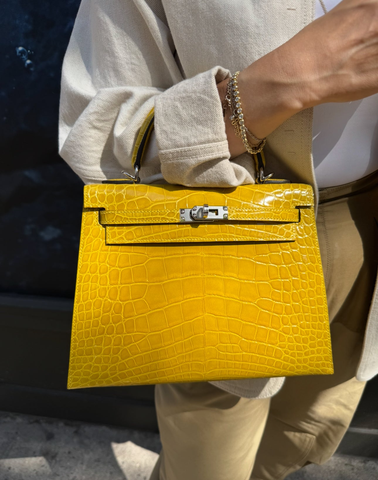 Hermès Kelly 25 Mimosa Yellow Alligator Palladium Hardware