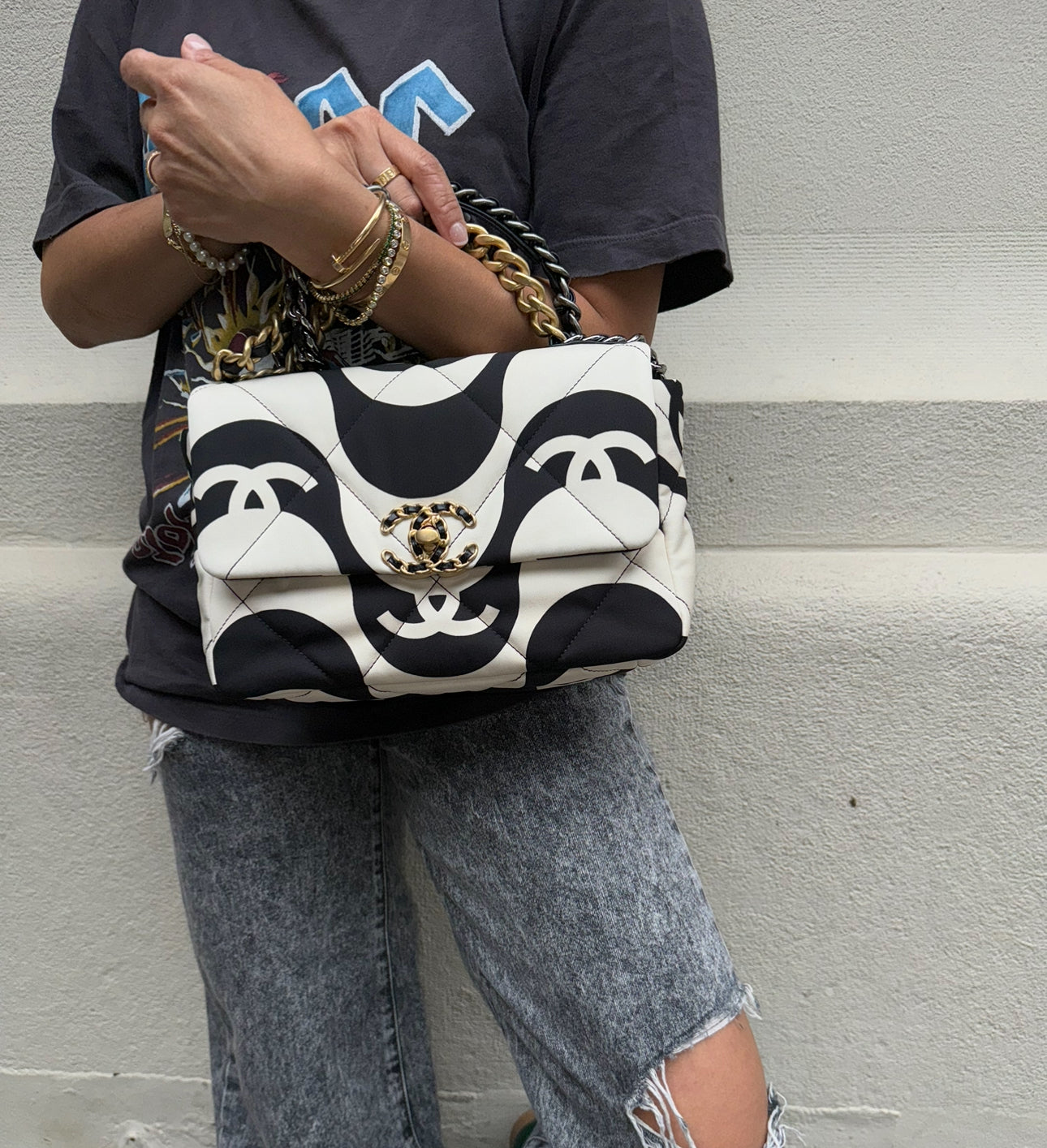Chanel 19 Black and White CC Fabric Bag