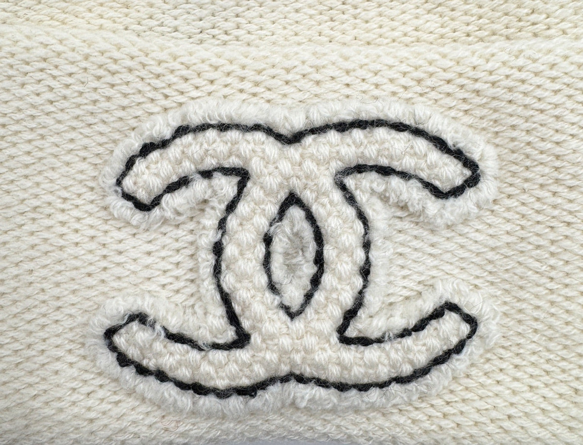 Chanel White Ivory Beanie with Black CC Logo