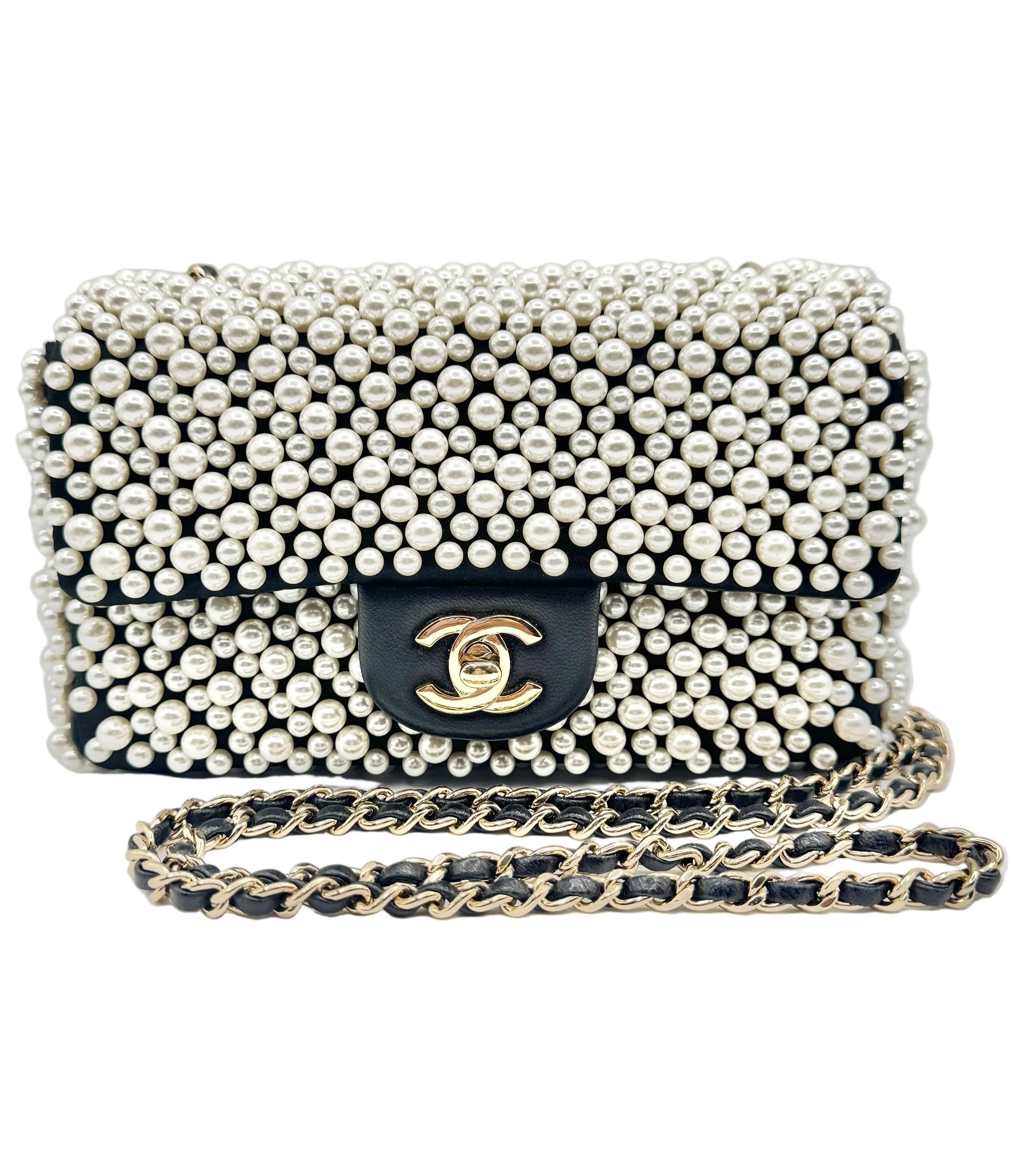 Chanel 2019SS Black with White Pearls Mini Classic Flapbag
