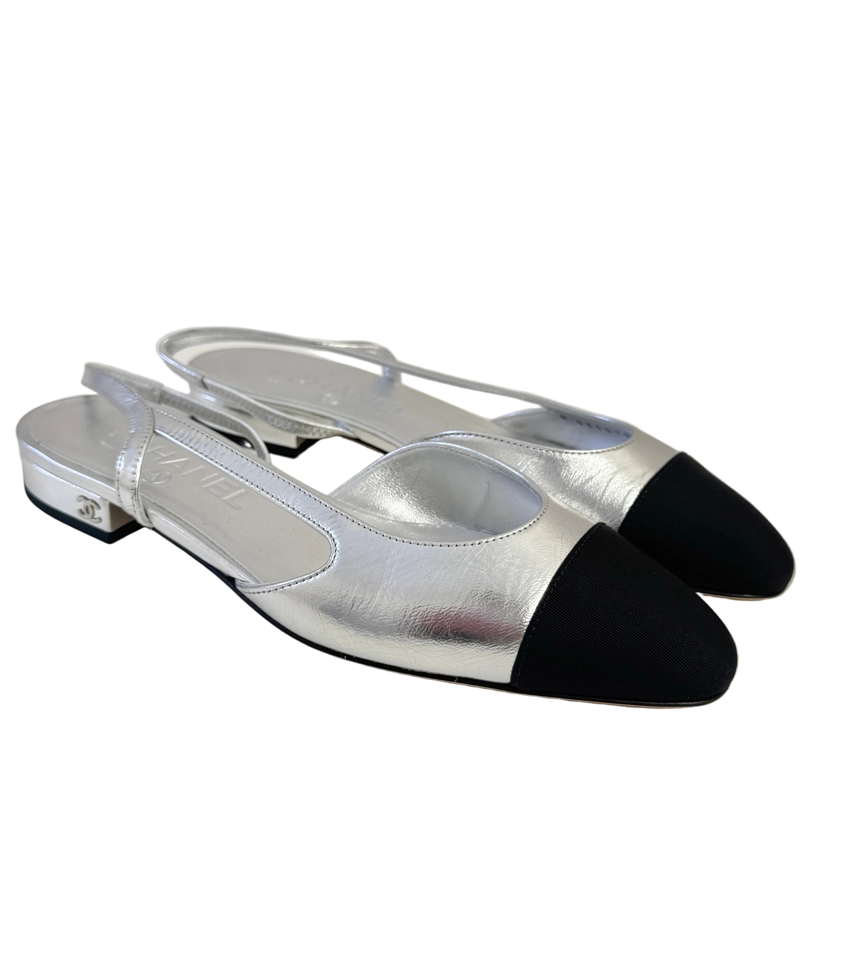 CHANEL Silver Metallic Slingback Flats