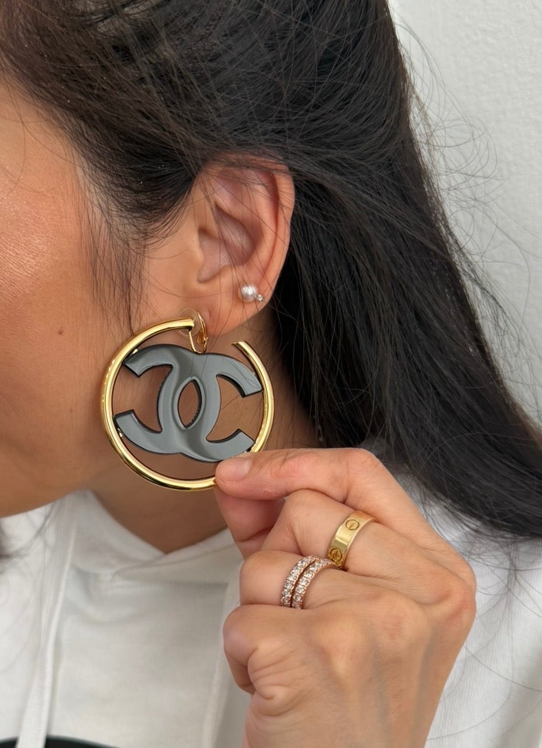 CHANEL Big Black CC Clip On Gold Hoop Earrings