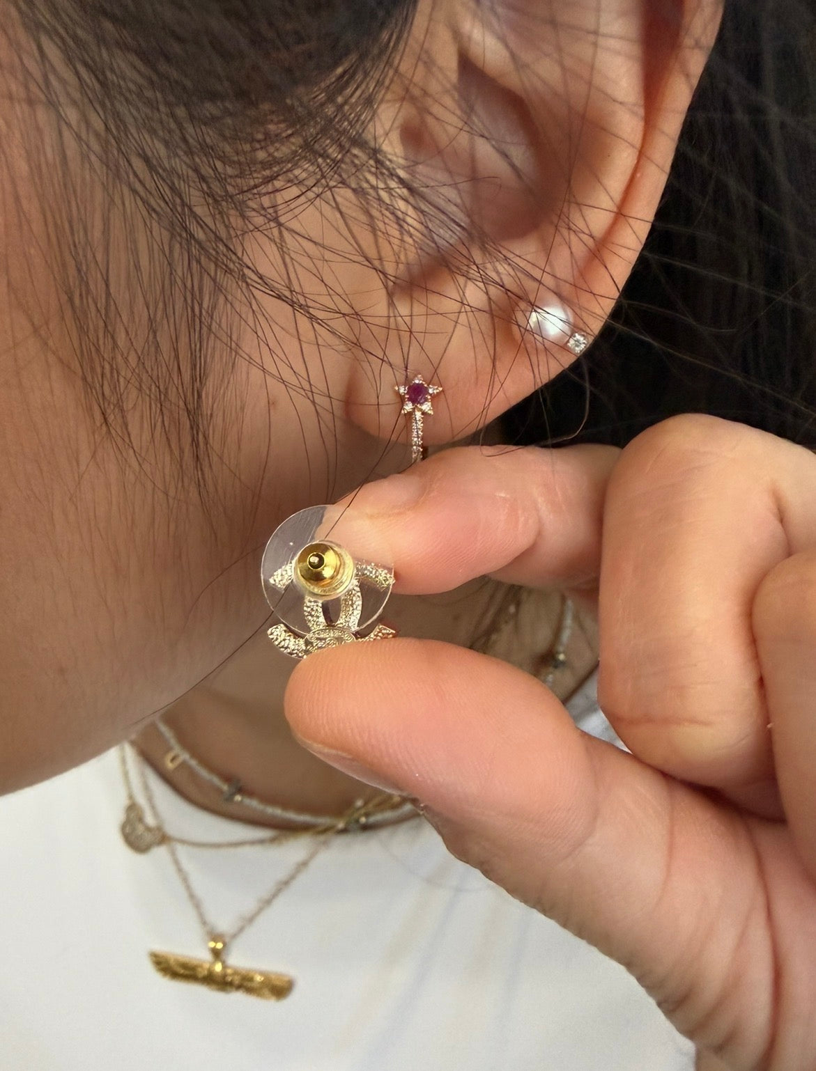 CHANEL Mini Gold Crystal CC Stud Earrings