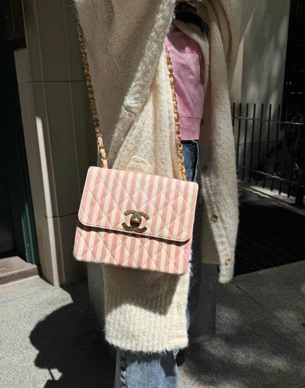 CHANEL 1990s Vintage Pink and White Stripe Flapbag