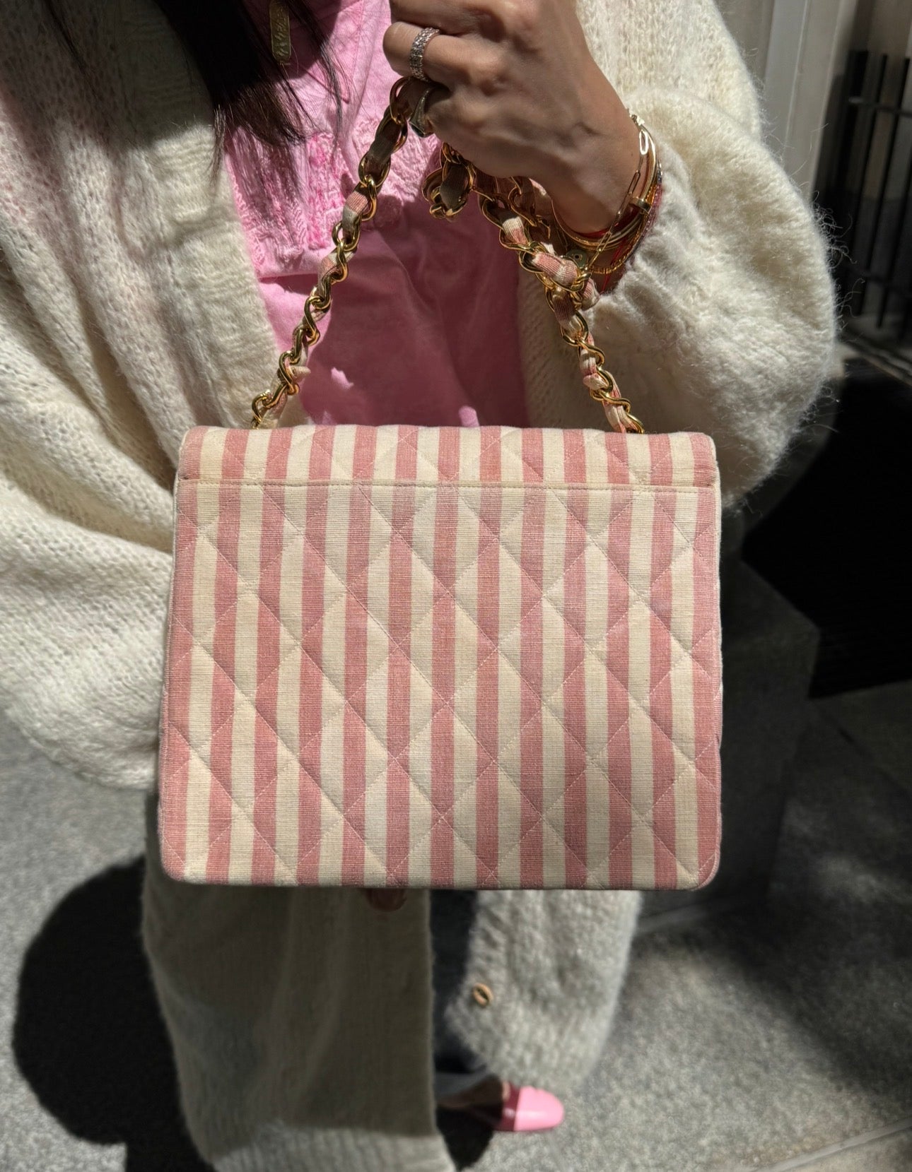 CHANEL 1990s Vintage Pink and White Stripe Flapbag