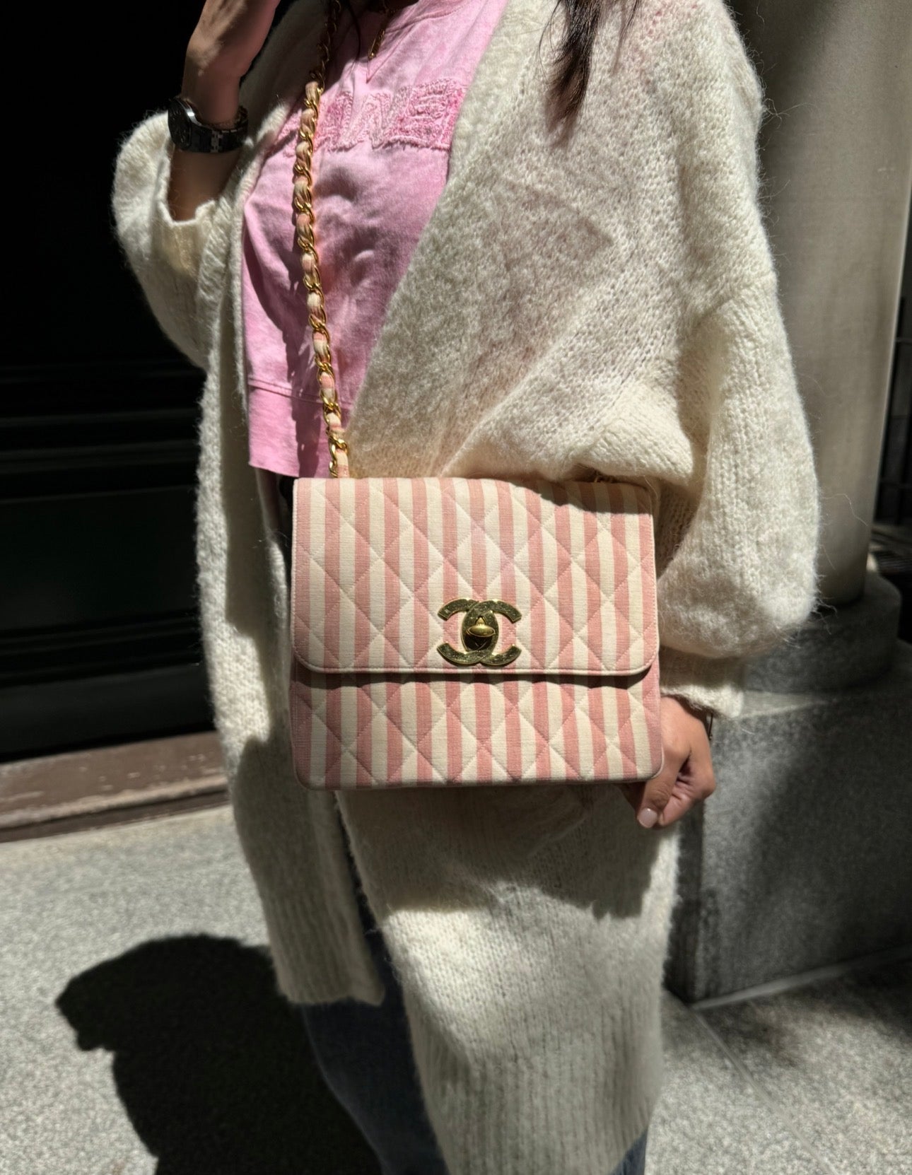 CHANEL 1990s Vintage Pink and White Stripe Flapbag
