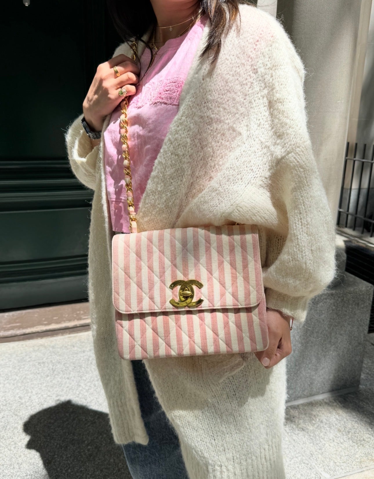 CHANEL 1990s Vintage Pink and White Stripe Flapbag