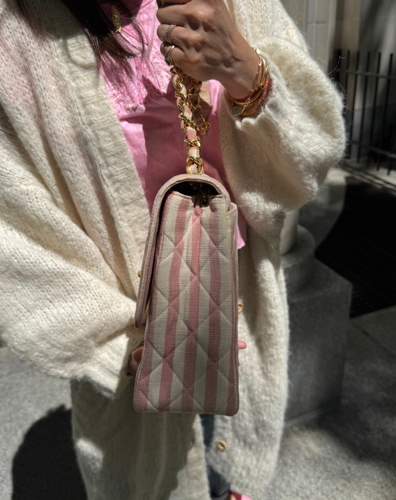 CHANEL 1990s Vintage Pink and White Stripe Flapbag