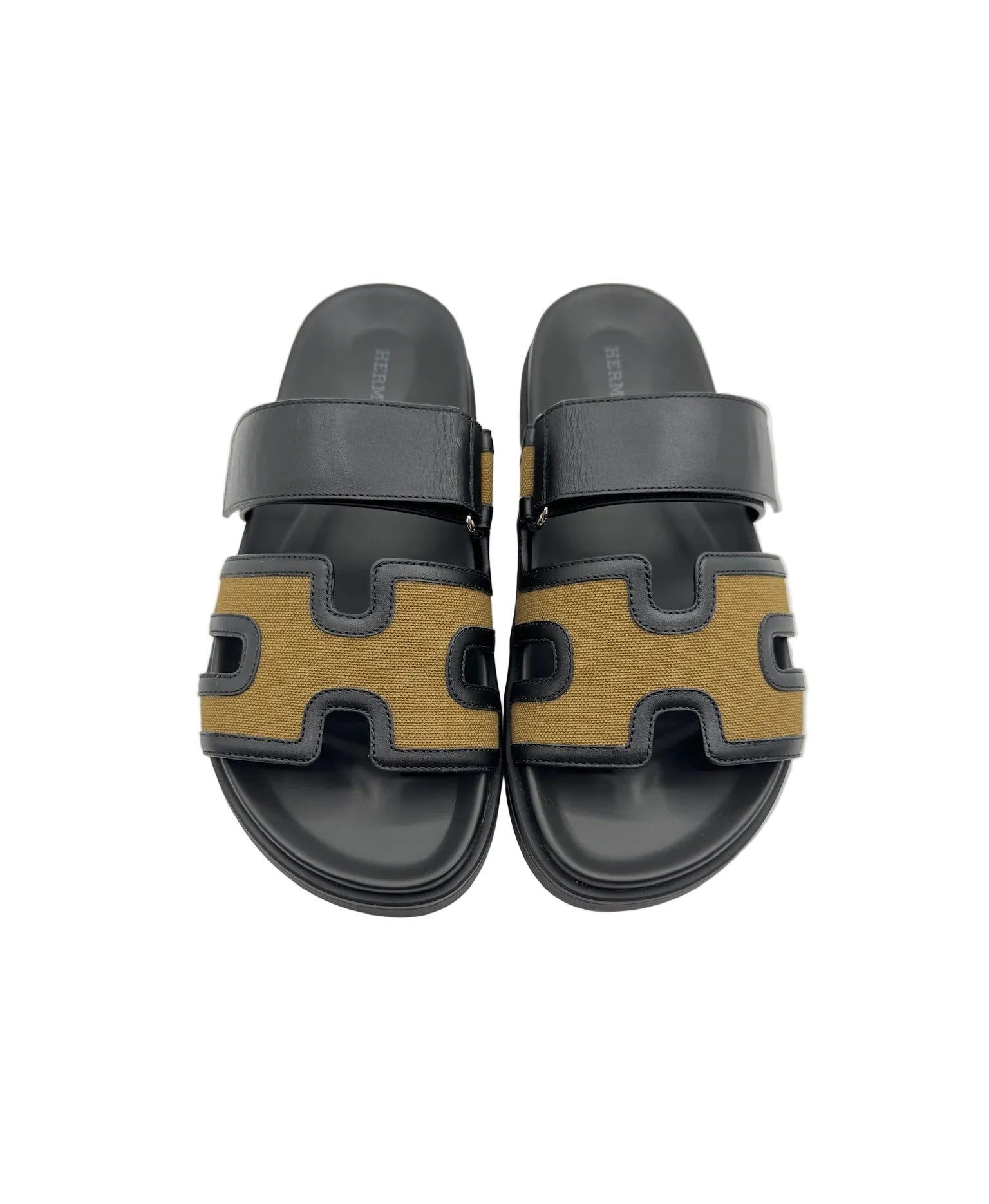Hermès Chypre Sandals in Black and Khaki Canvas