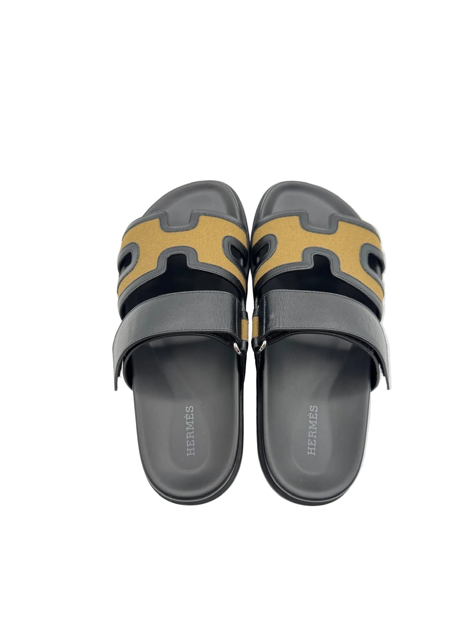 Hermès Chypre Sandals in Black and Khaki Canvas