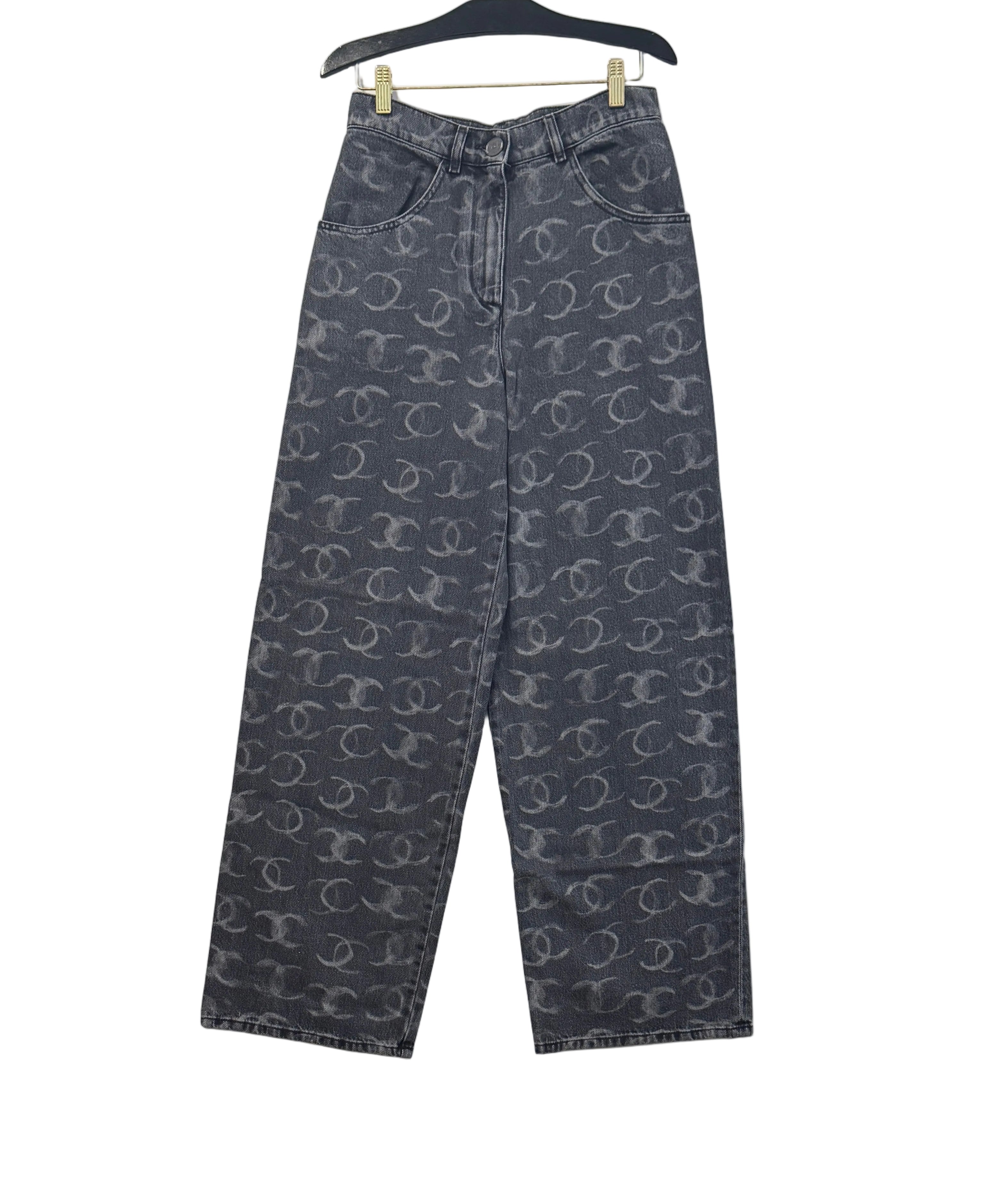 Chanel Black Denim Wide Leg Jeans with CC Logos