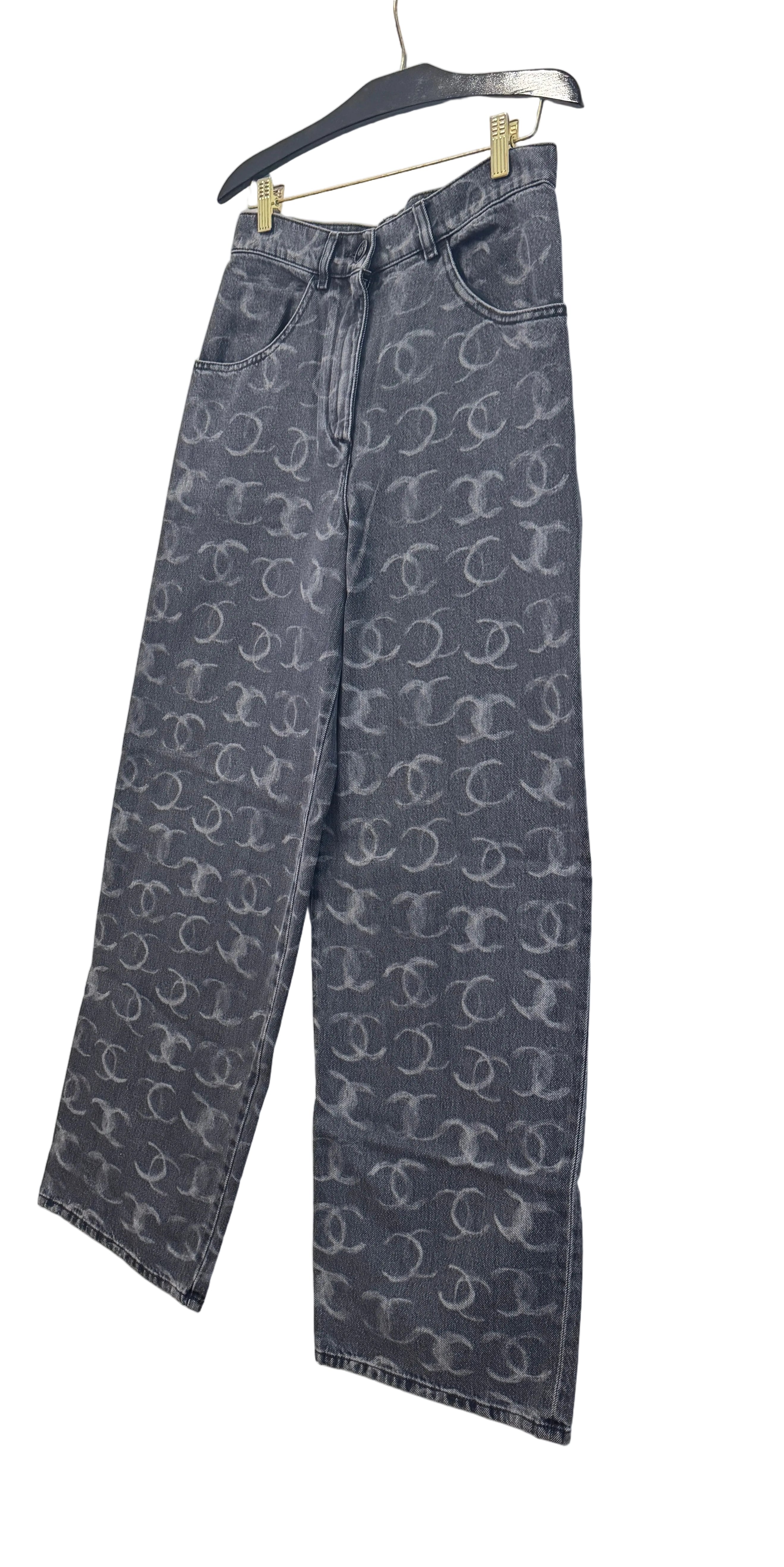 Chanel Black Denim Wide Leg Jeans with CC Logos