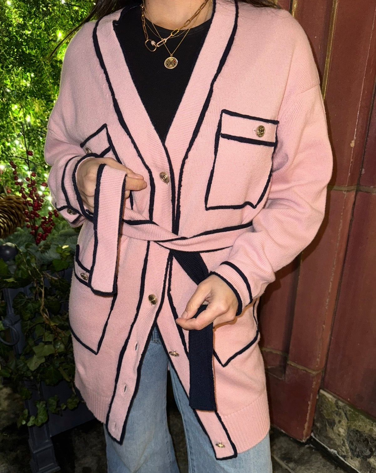 Chanel Cashmere Baby Pink with Navy Blue Belted Cardigan