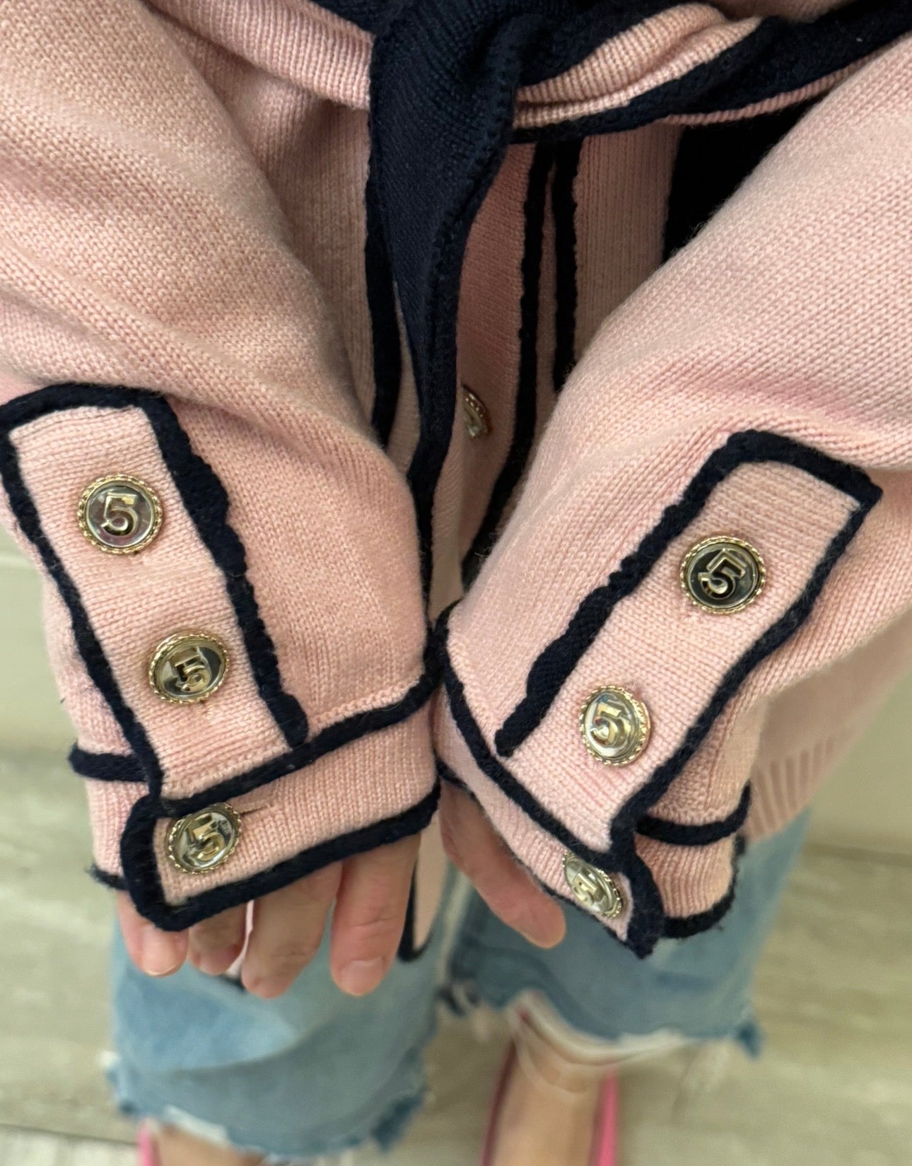 Chanel Cashmere Baby Pink with Navy Blue Belted Cardigan