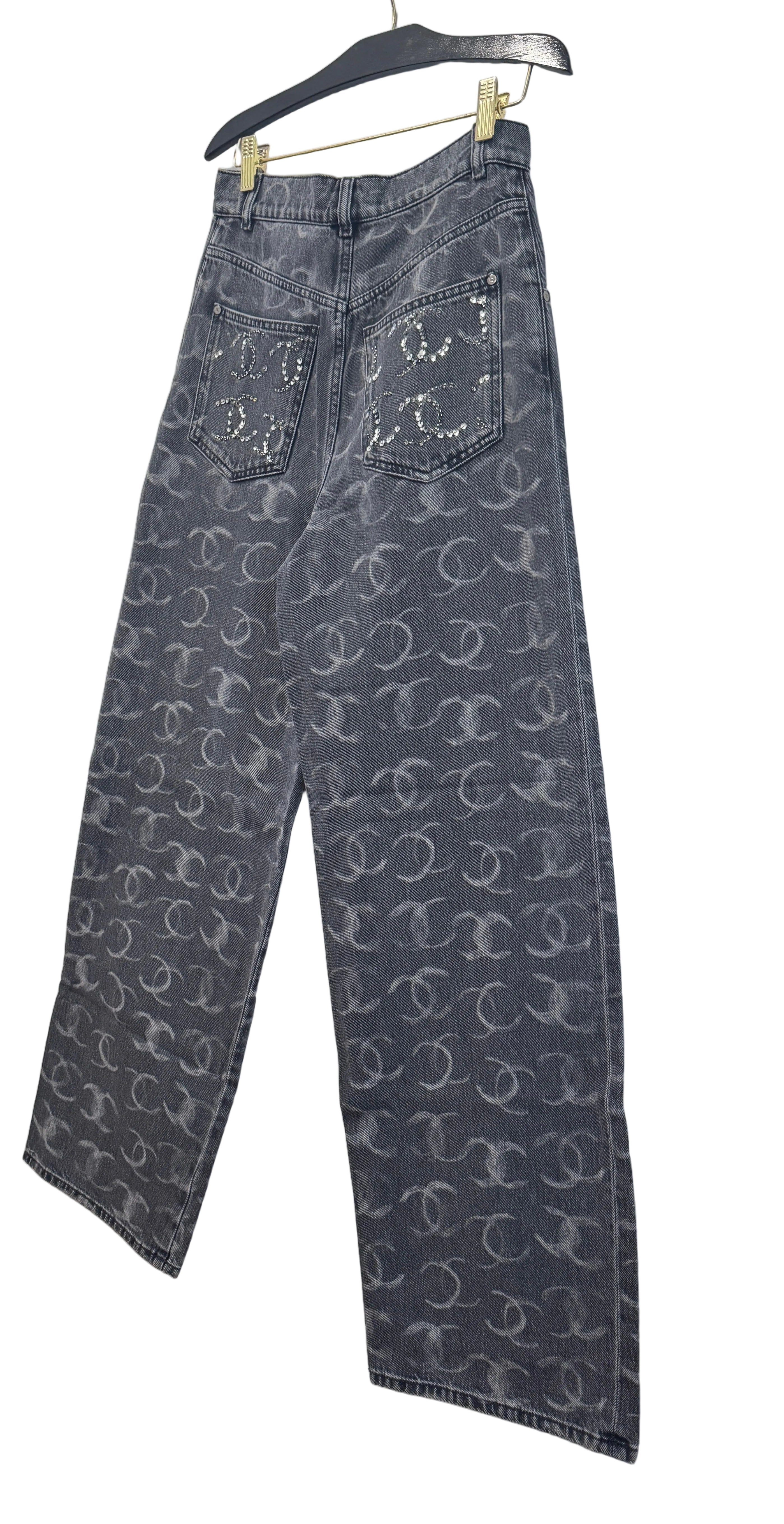Chanel Black Denim Wide Leg Jeans with CC Logos