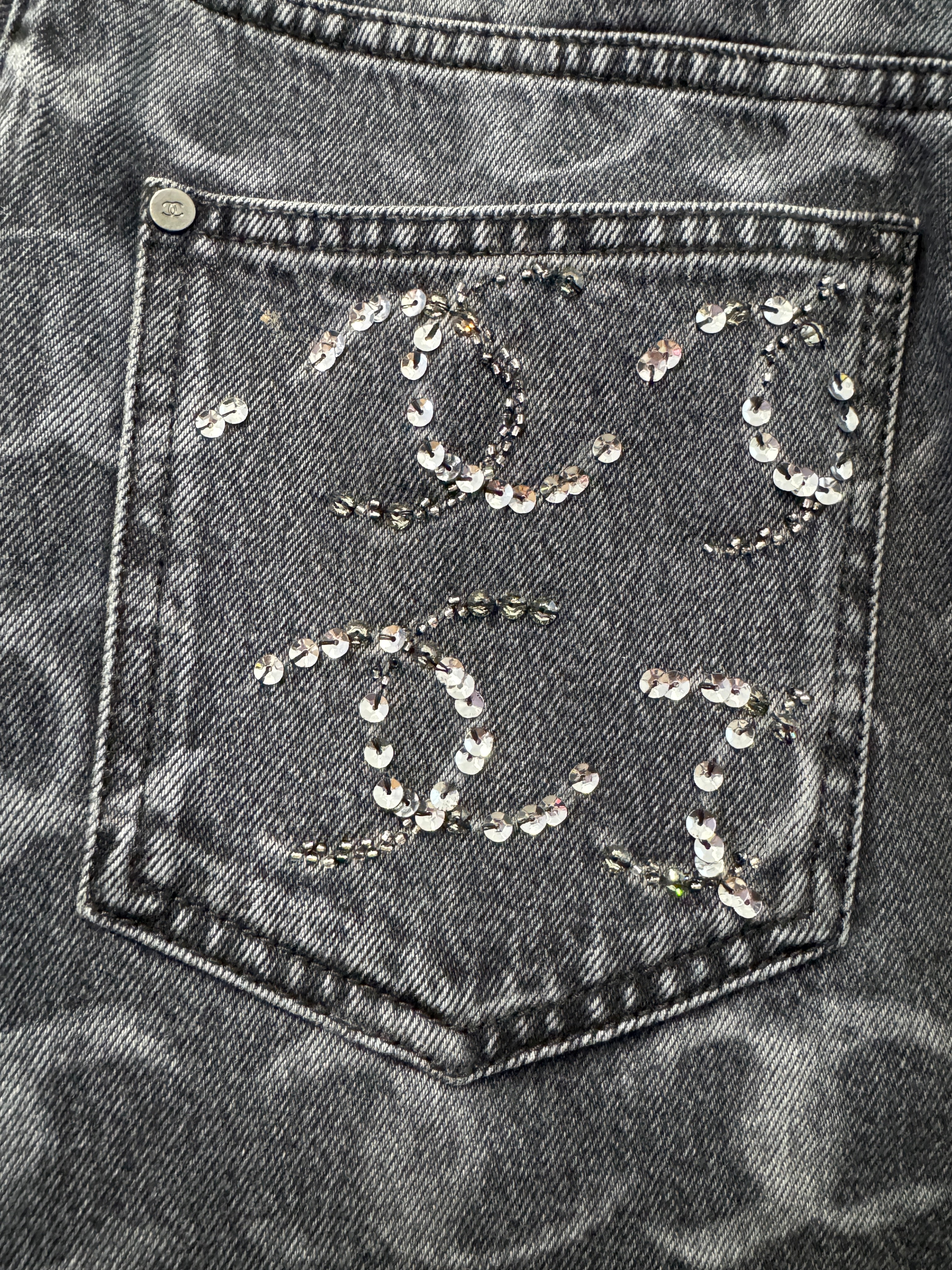 Chanel Black Denim Wide Leg Jeans with CC Logos