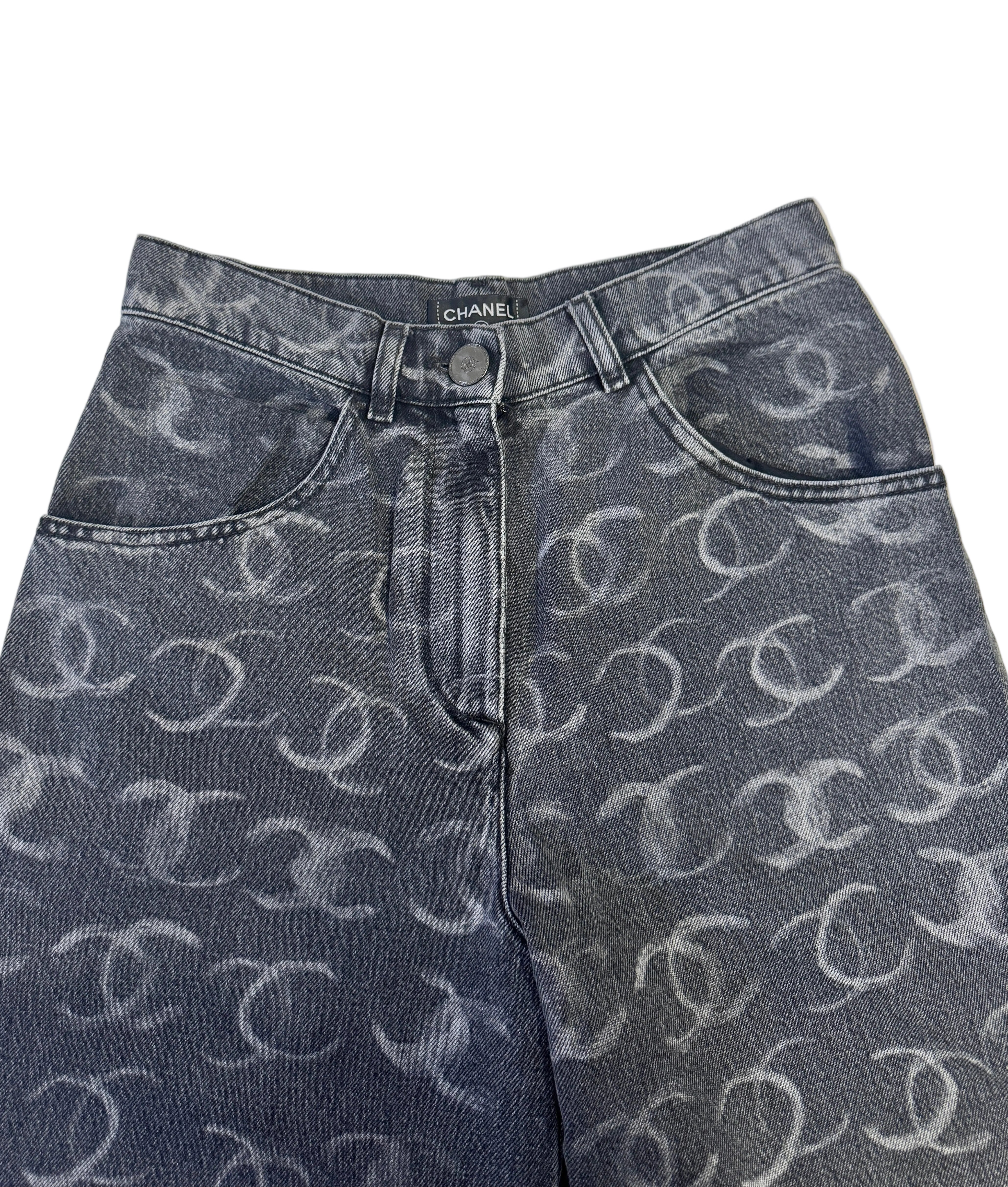 Chanel Black Denim Wide Leg Jeans with CC Logos