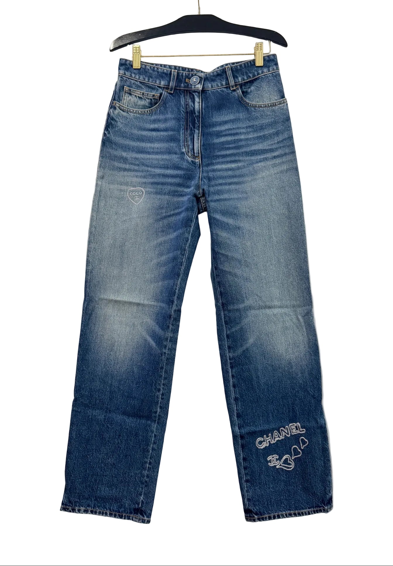 Chanel Blue Denim Jeans with Heart Embroidery