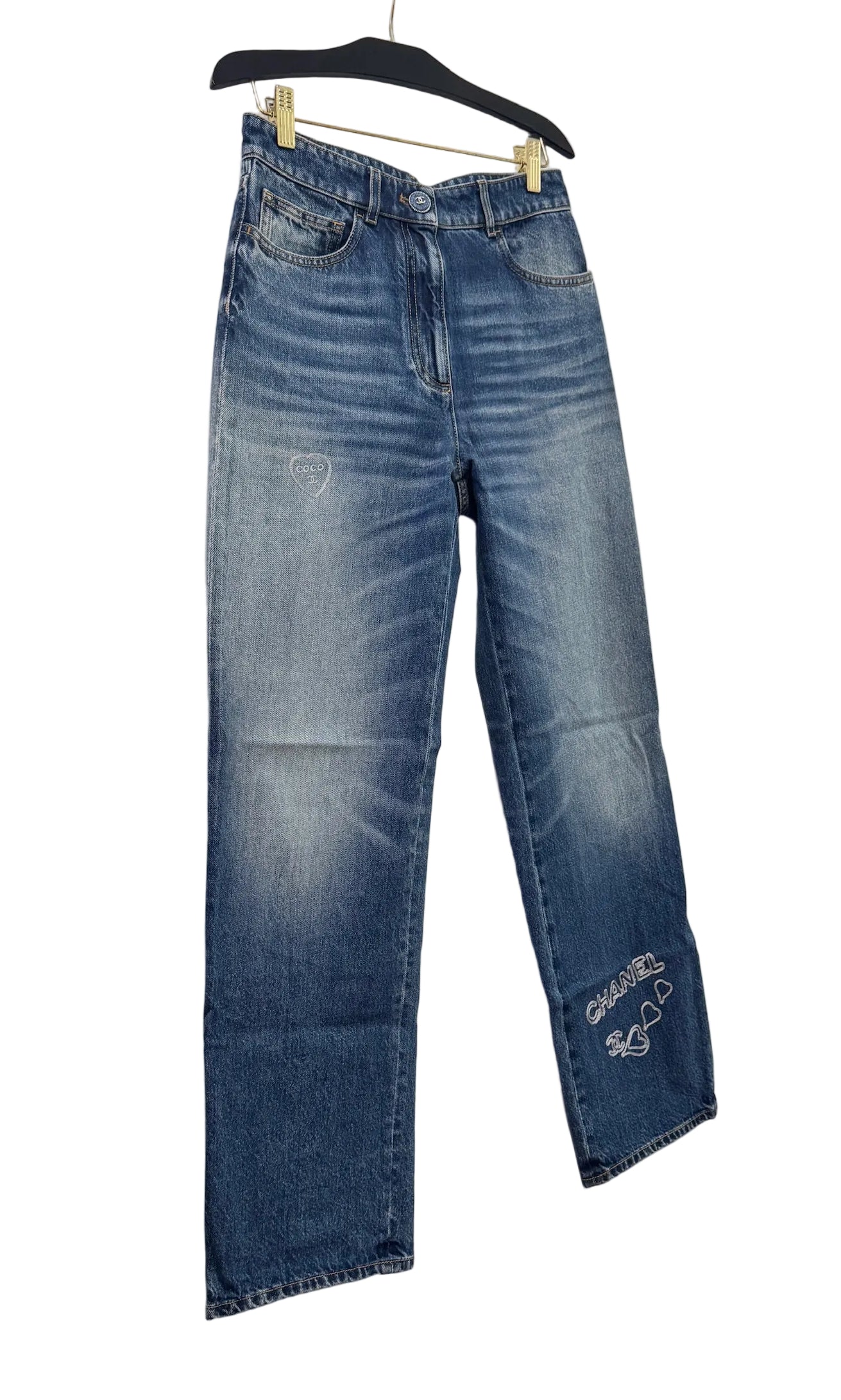 Chanel Blue Denim Jeans with Heart Embroidery
