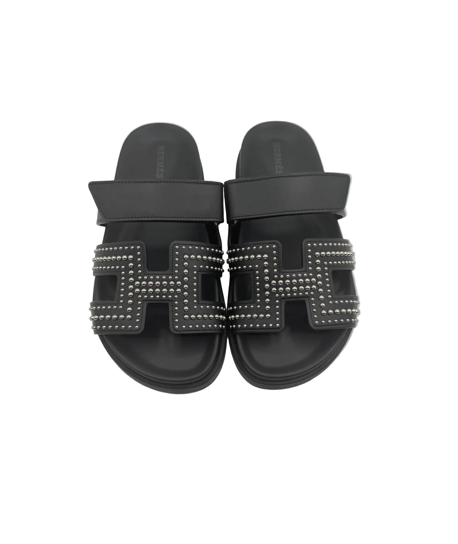 Hermès Black Leather Round Studs Chypre Sandals