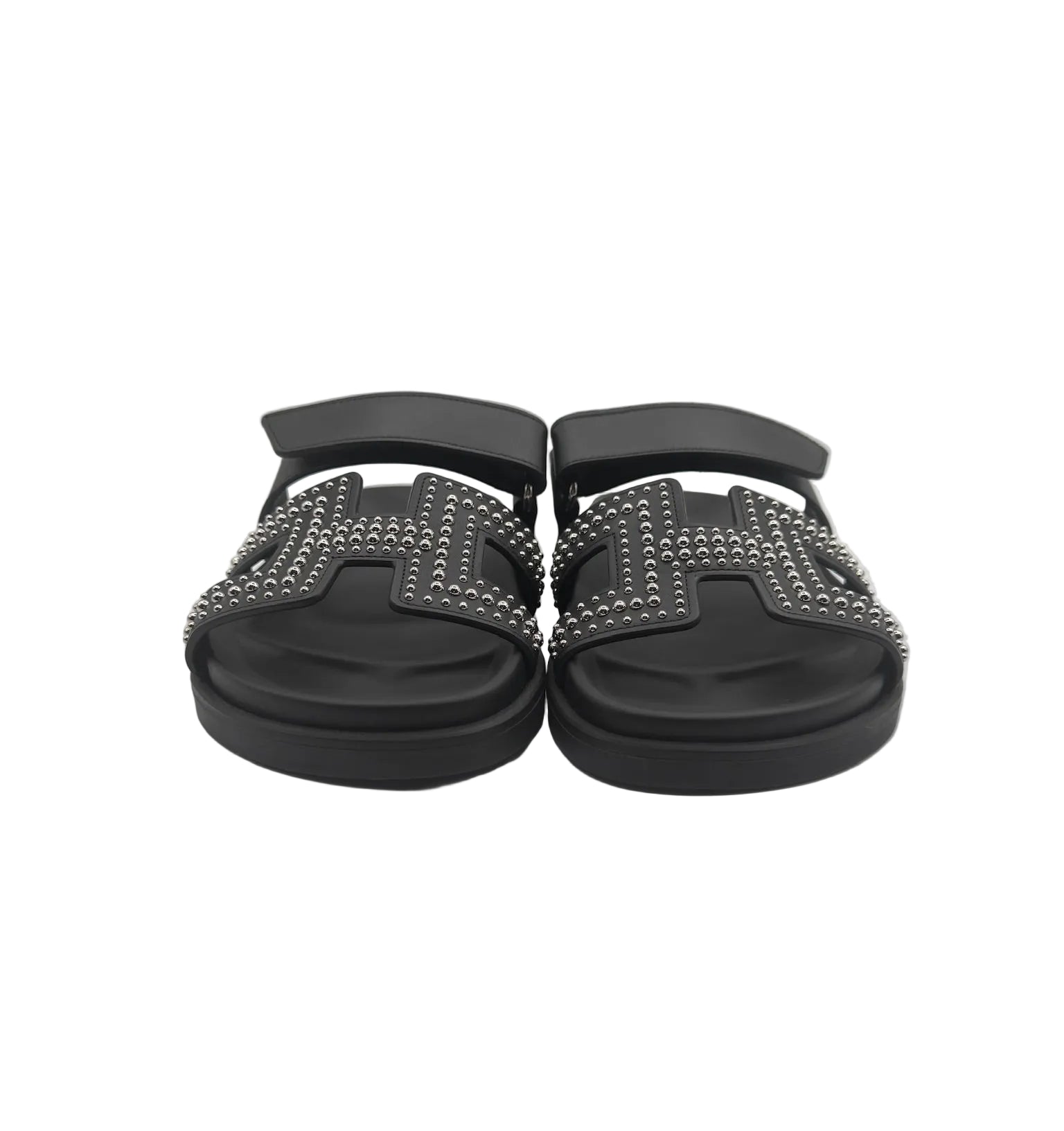 Hermès Black Leather Round Studs Chypre Sandals